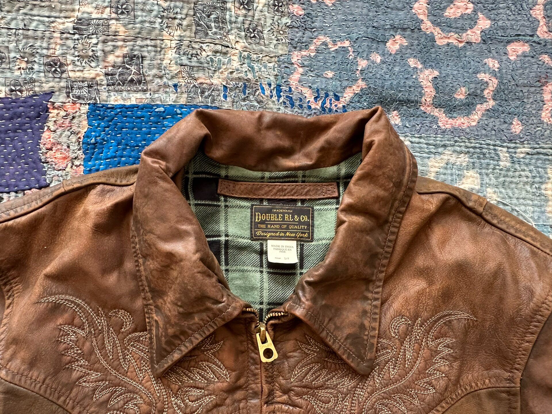 RRL Embroidered Western Leather Jacket — label