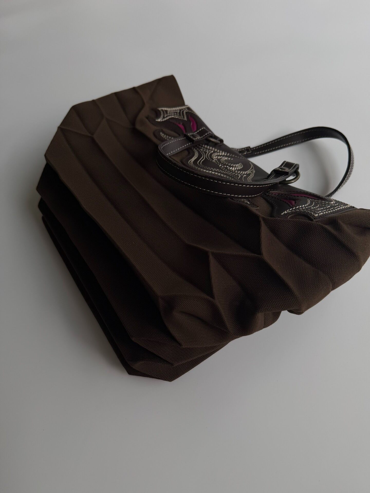 Issey Miyake Brown Pleated Tote Bag — back