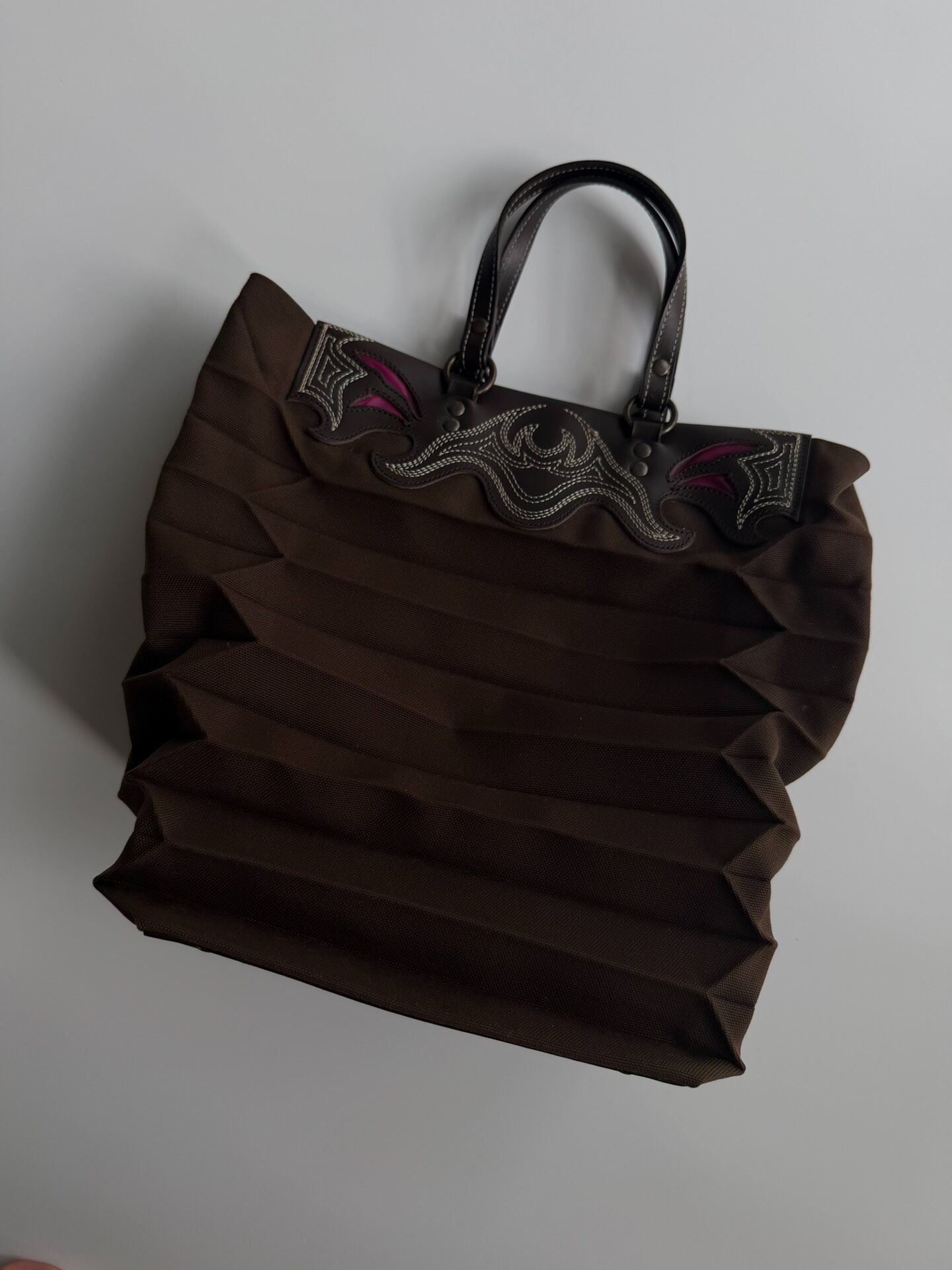 Issey Miyake Brown Pleated Tote Bag — front