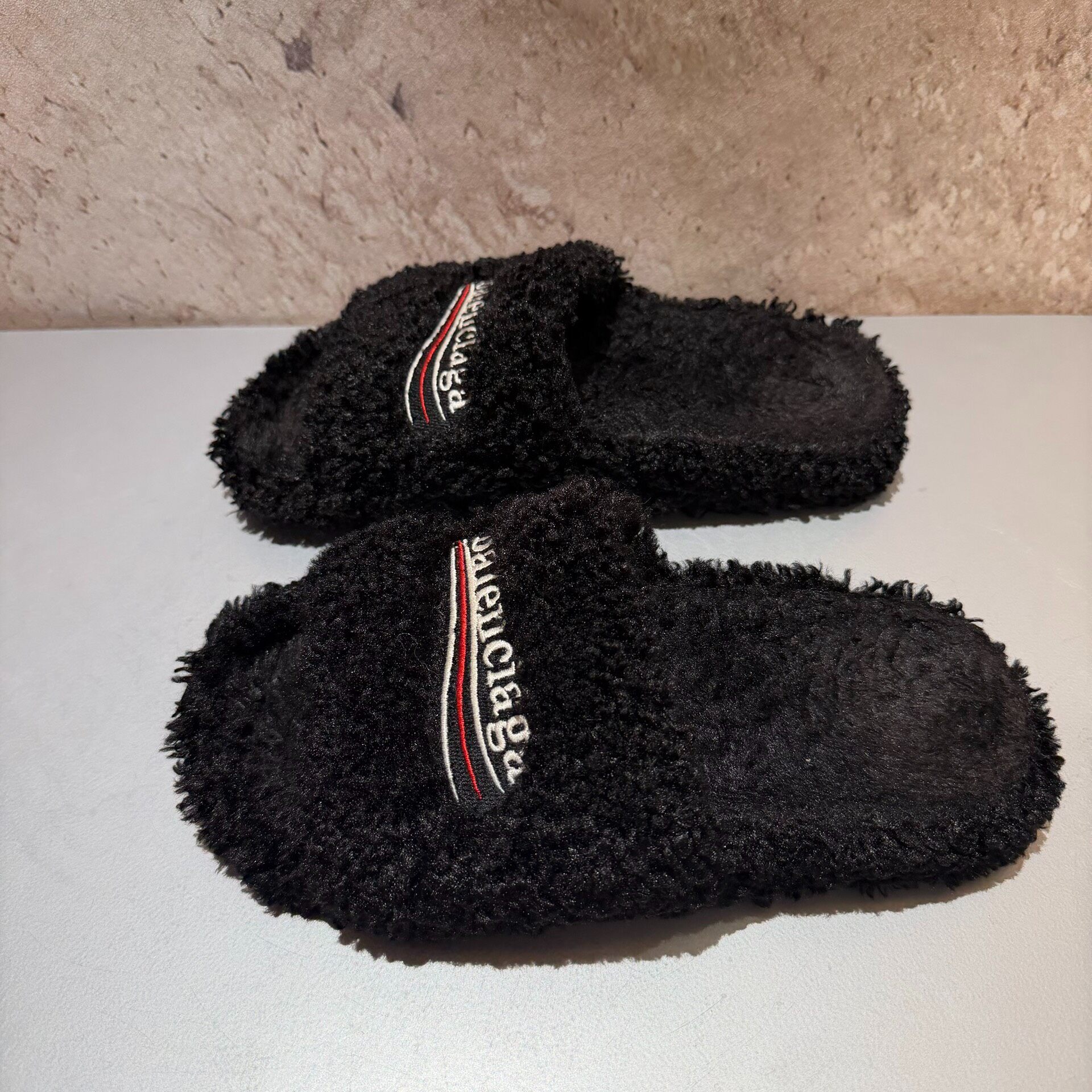 Balenciaga Black Fuzzy Slide Slippers — back