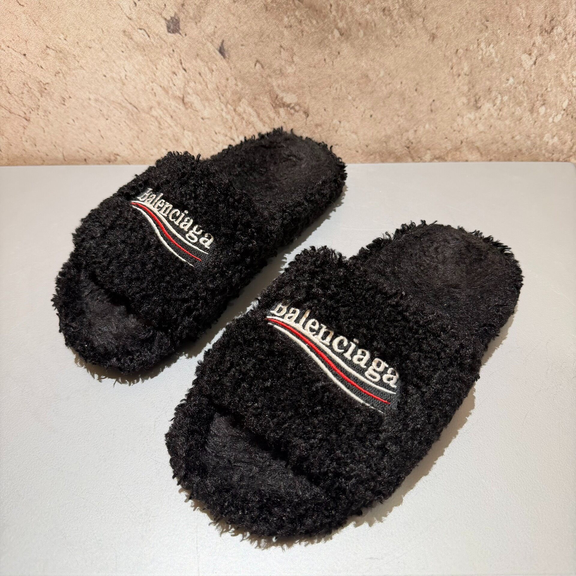 Balenciaga Black Fuzzy Slide Slippers