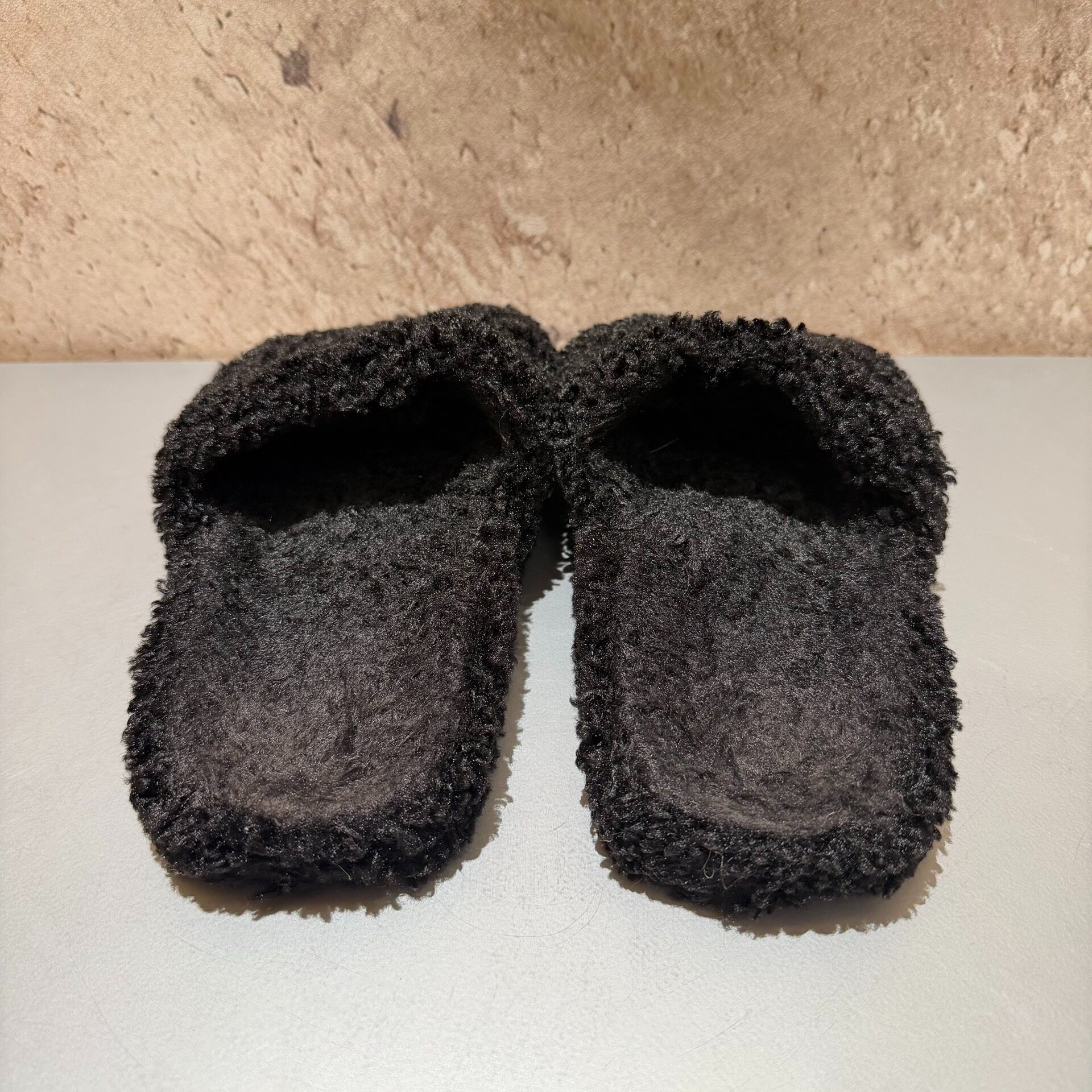 Balenciaga Black Fuzzy Slide Slippers — label
