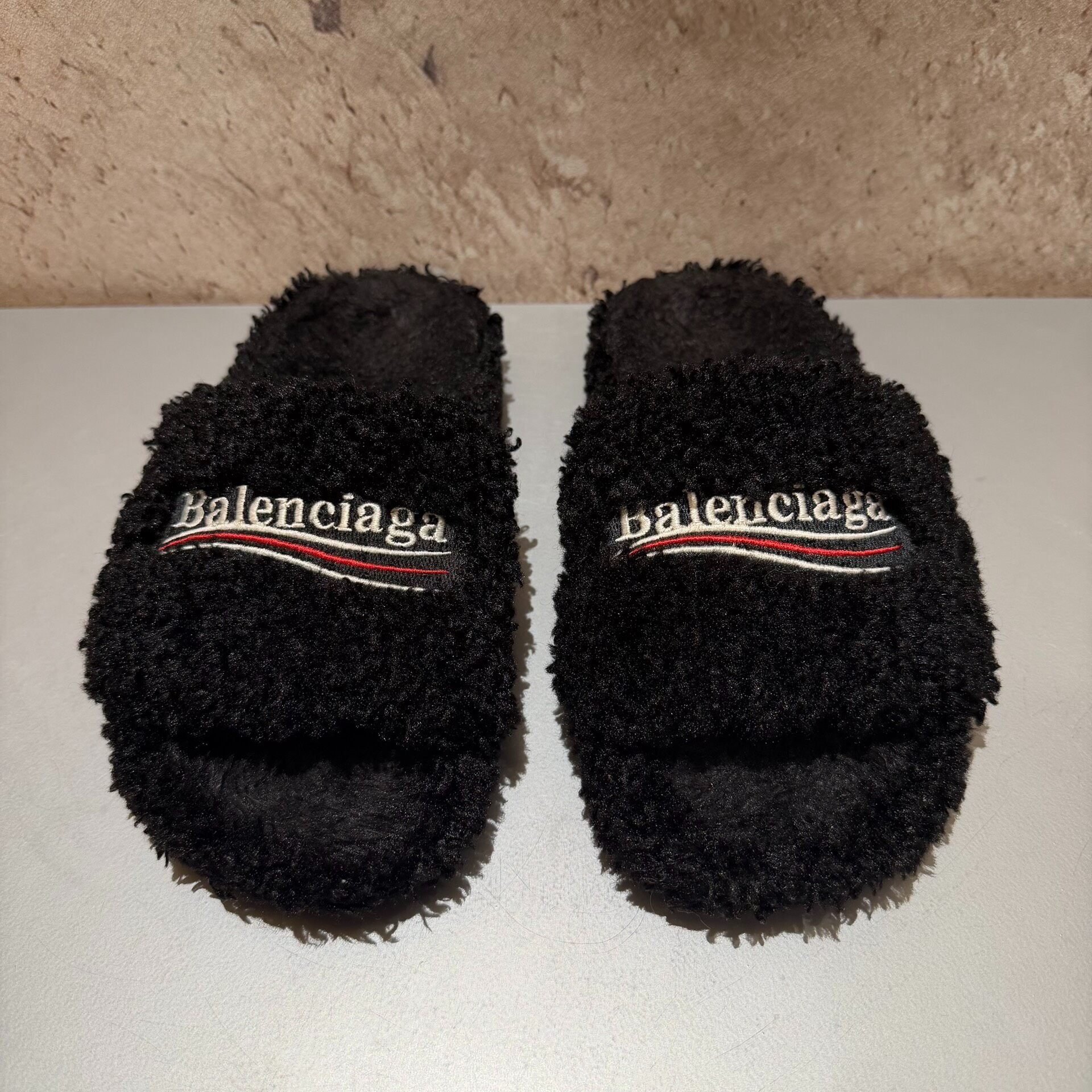 Balenciaga Black Fuzzy Slide Slippers — front