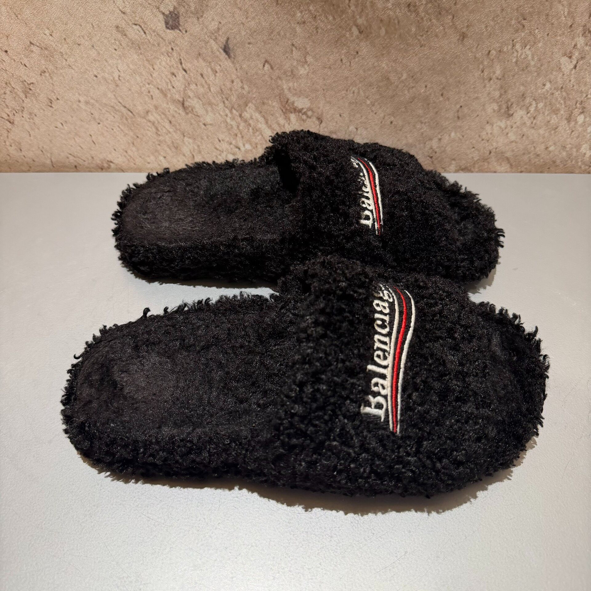 Balenciaga Black Fuzzy Slide Slippers — detail