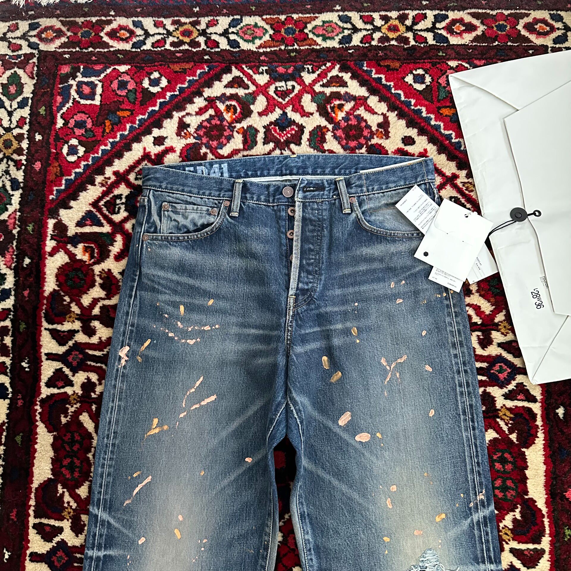 Visvim Narrow Paint Splatter Jeans — label