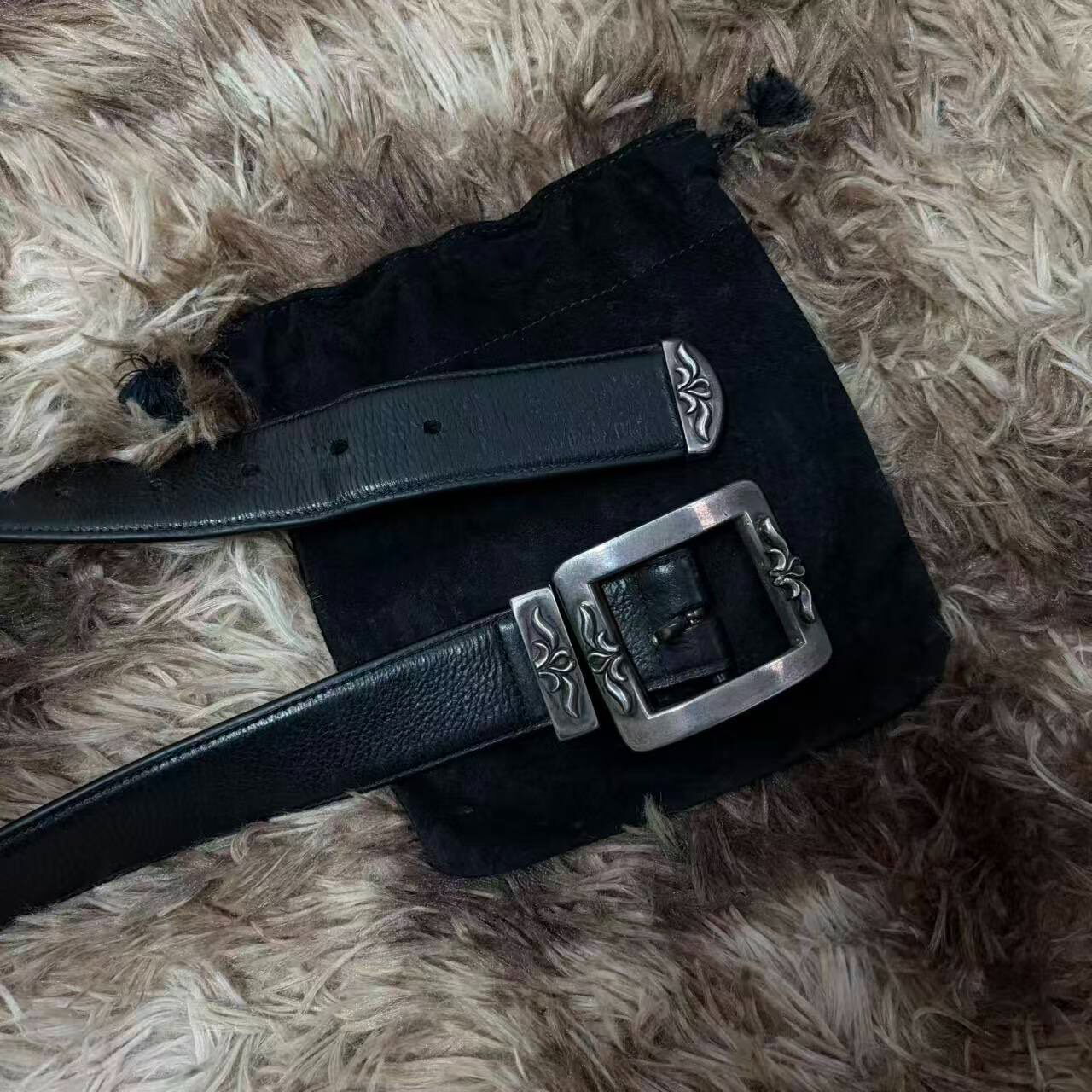 Chrome Hearts Black Leather Belt with Silver Buckle — front