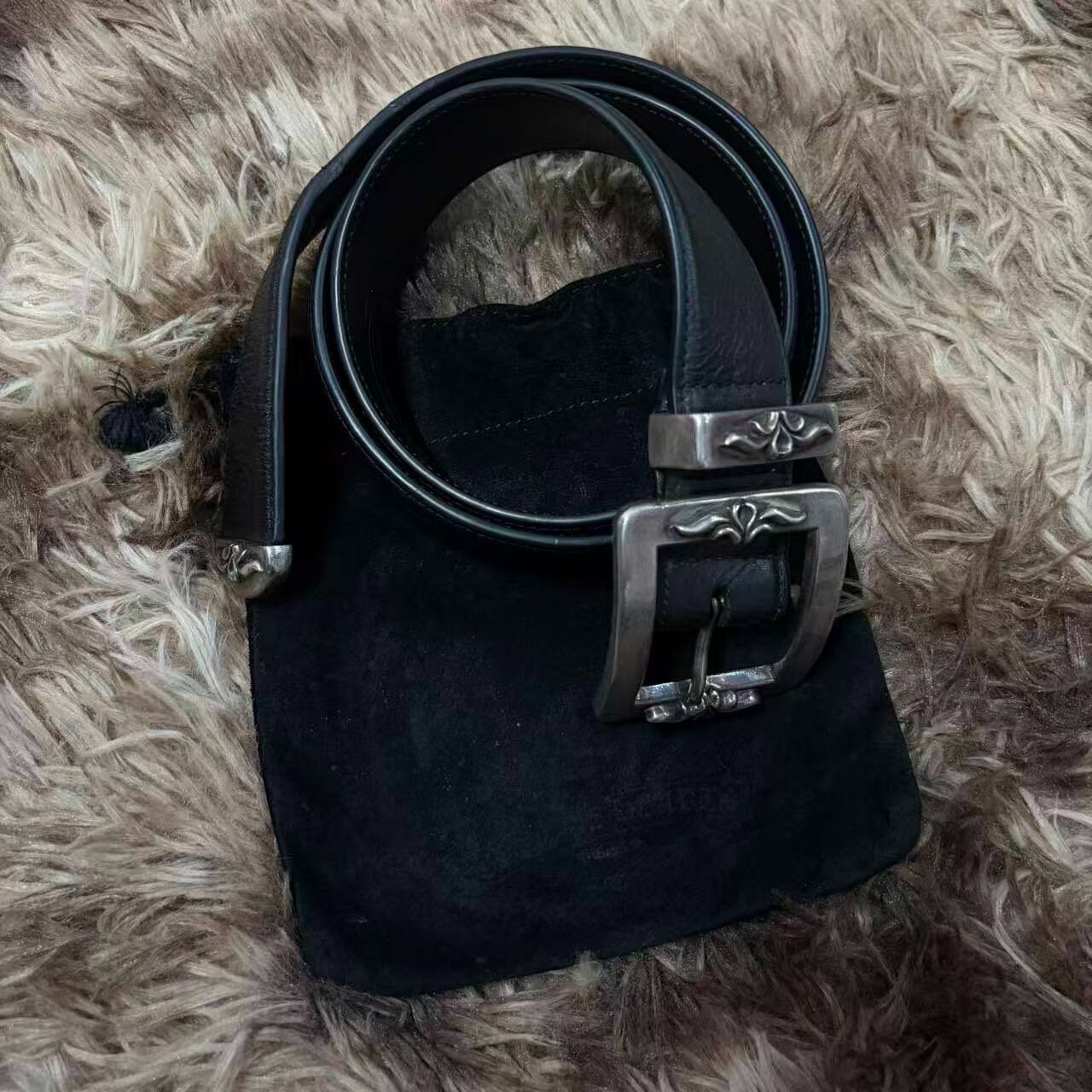 Chrome Hearts Black Leather Belt with Silver Buckle
