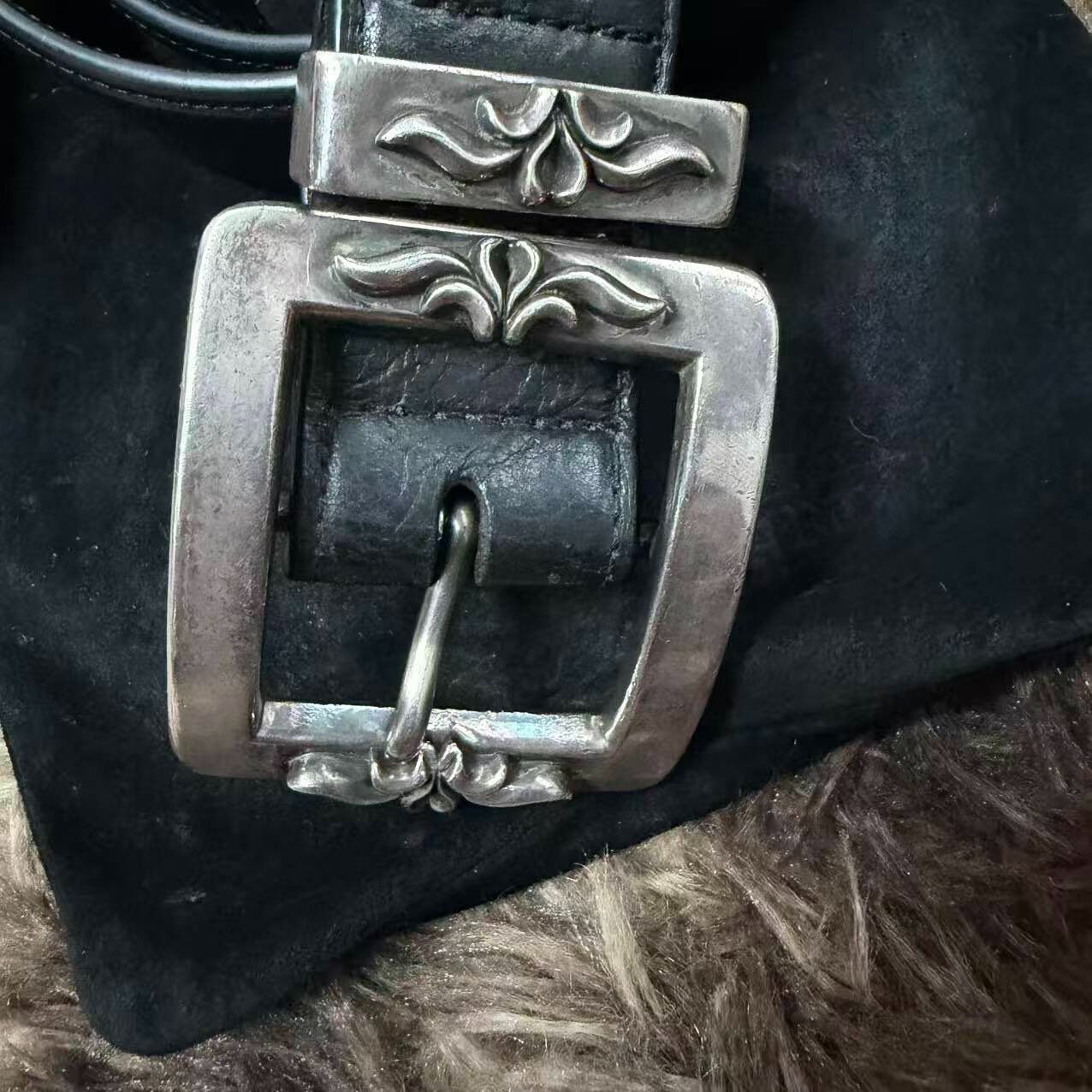 Chrome Hearts Black Leather Belt with Silver Buckle — detail