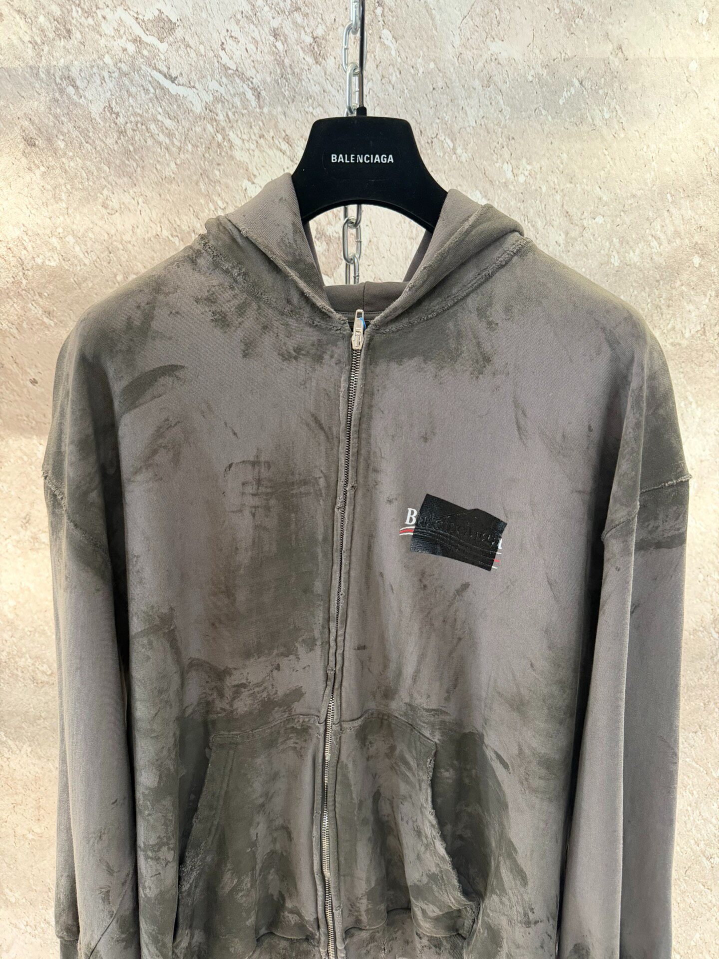 Balenciaga Gray Mud-Dyed Zip-Up Hoodie — front