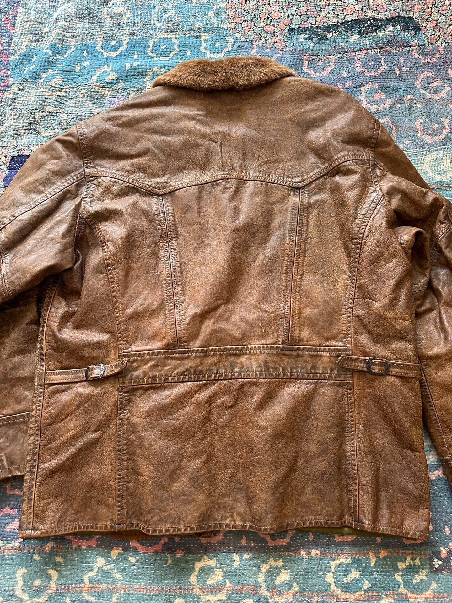 RRL Distressed Leather Jacket With Fur Collar — front