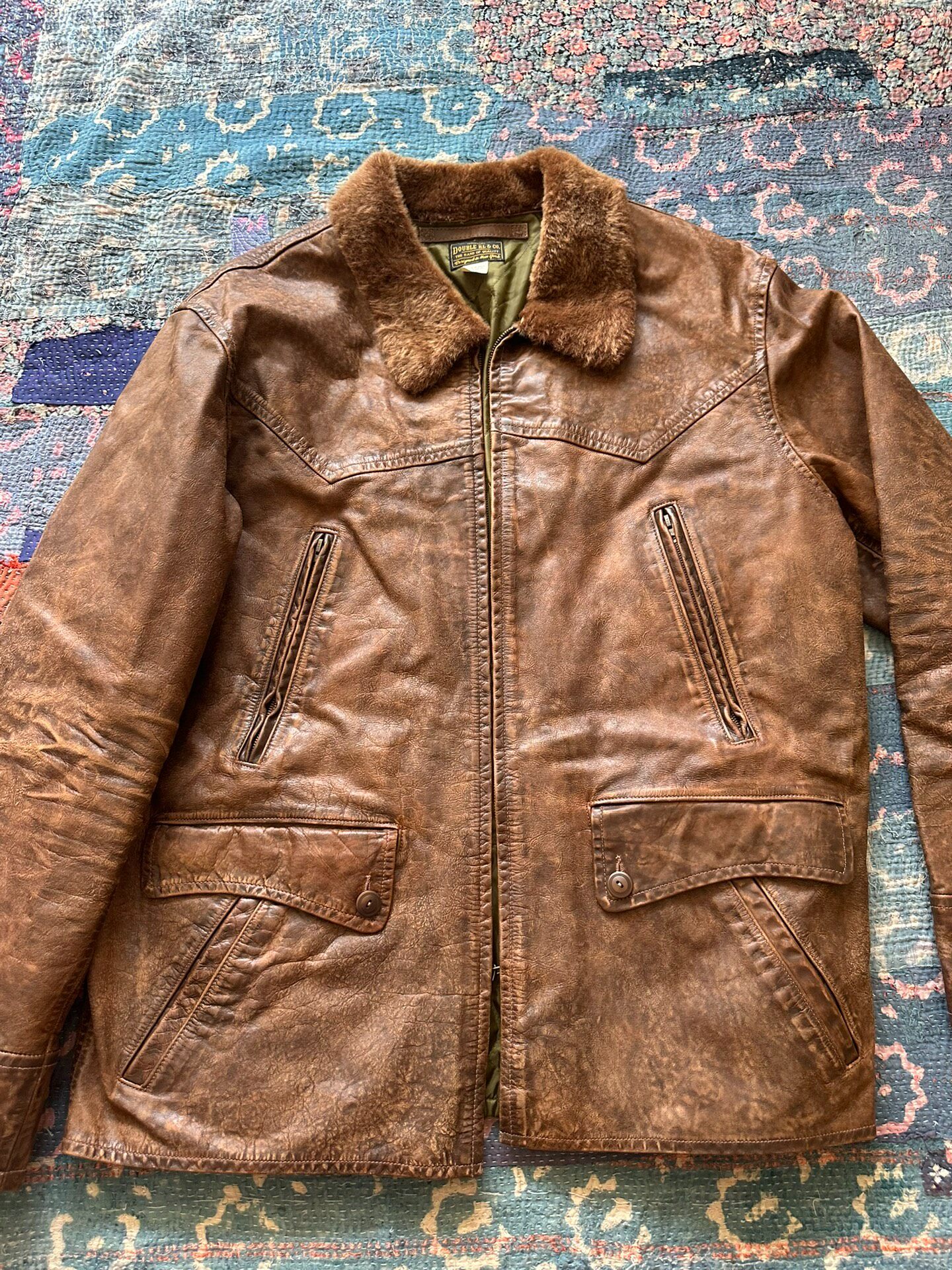 RRL Distressed Leather Jacket With Fur Collar