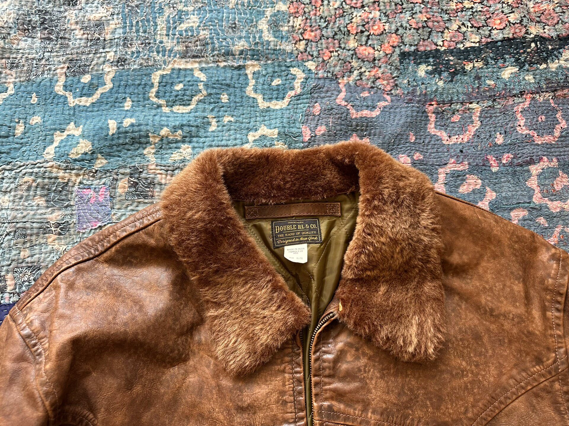 RRL Distressed Leather Jacket With Fur Collar — detail
