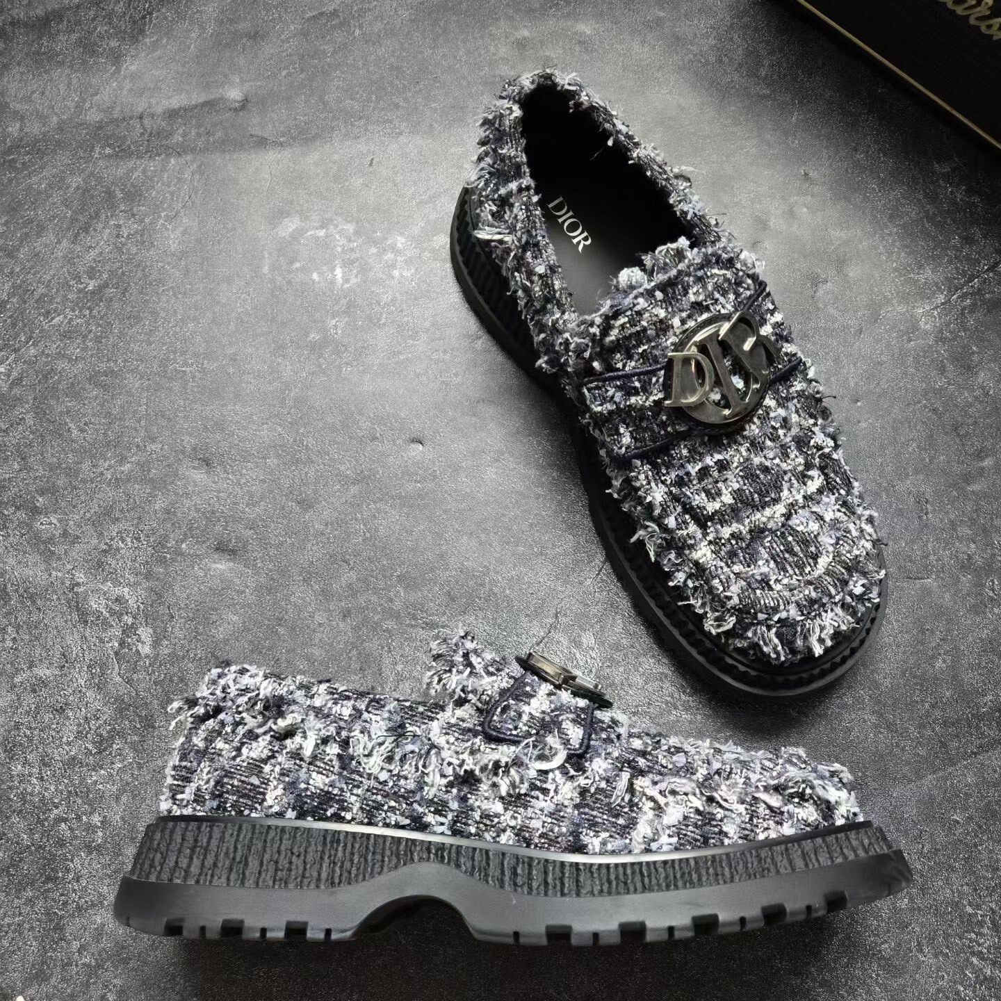 Dior Black-Silver Tweed Woven Loafers — back