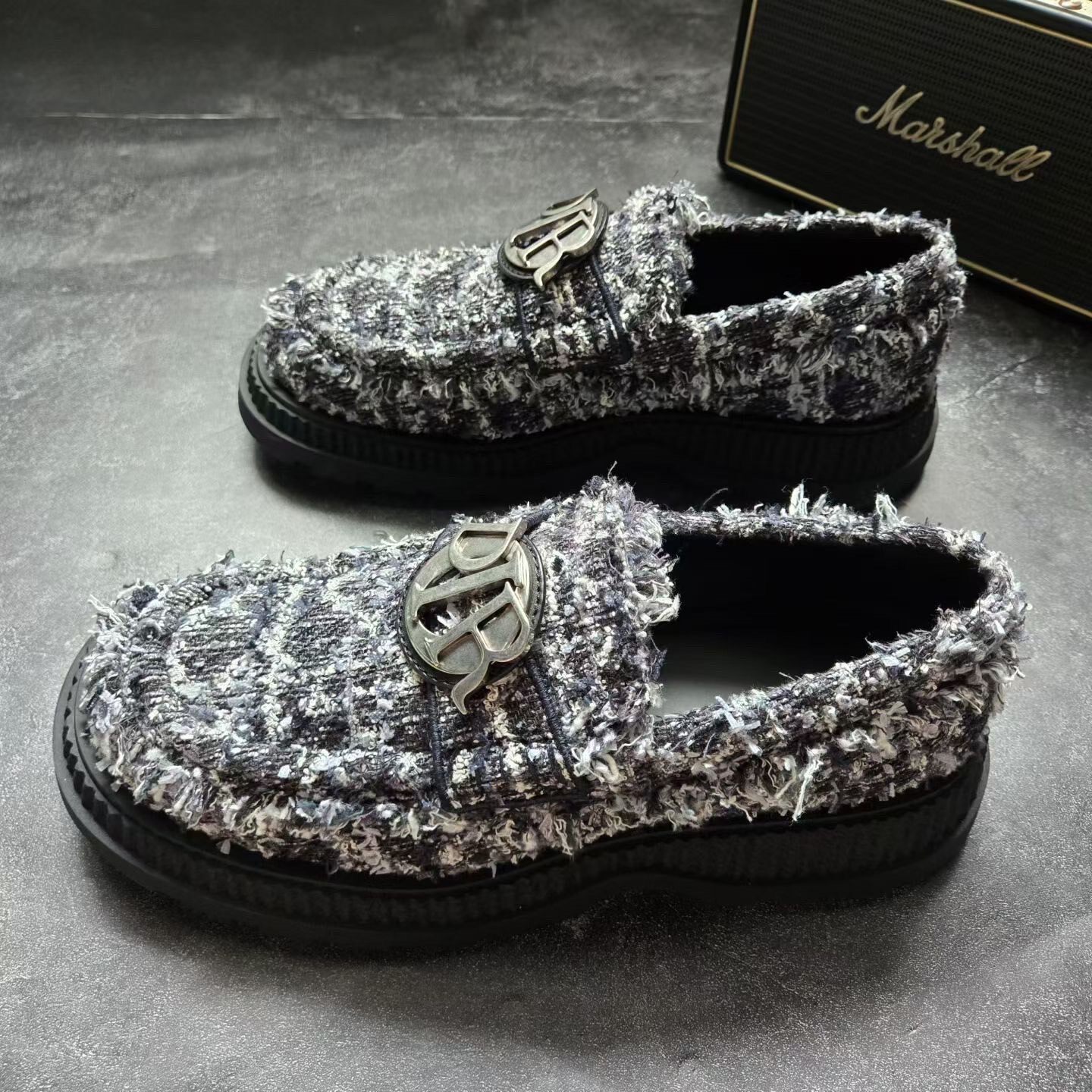 Dior Black-Silver Tweed Woven Loafers