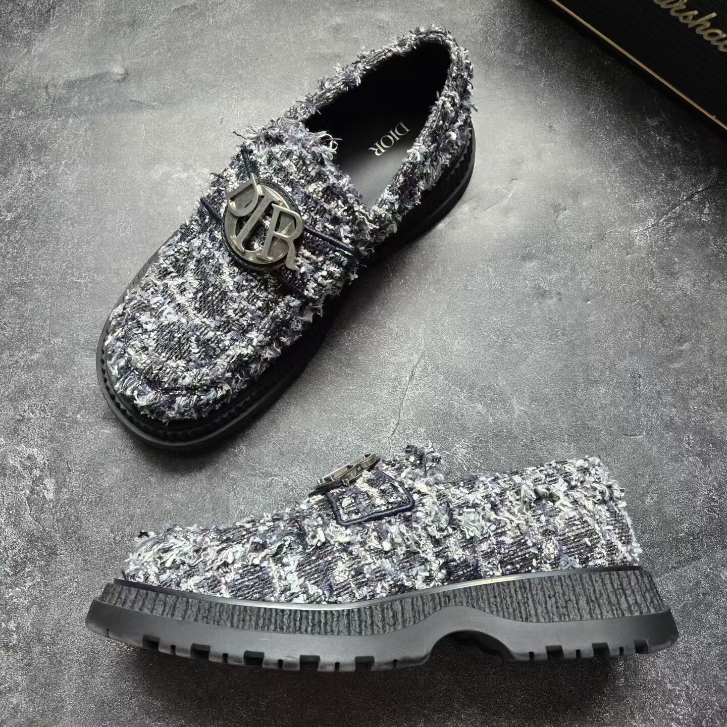 Dior Black-Silver Tweed Woven Loafers — detail