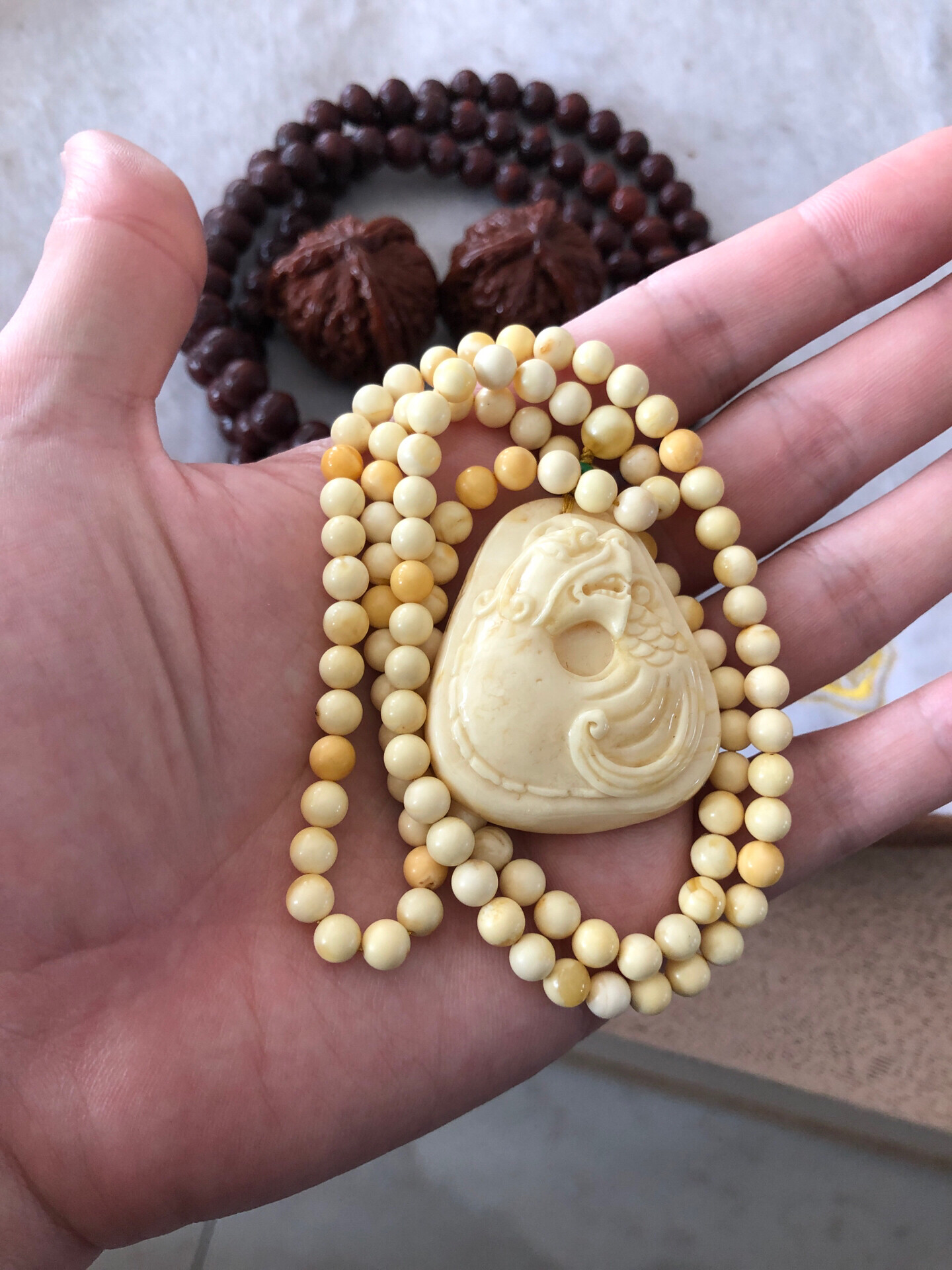 White Amber Dragon Fish Pendant Necklace — front