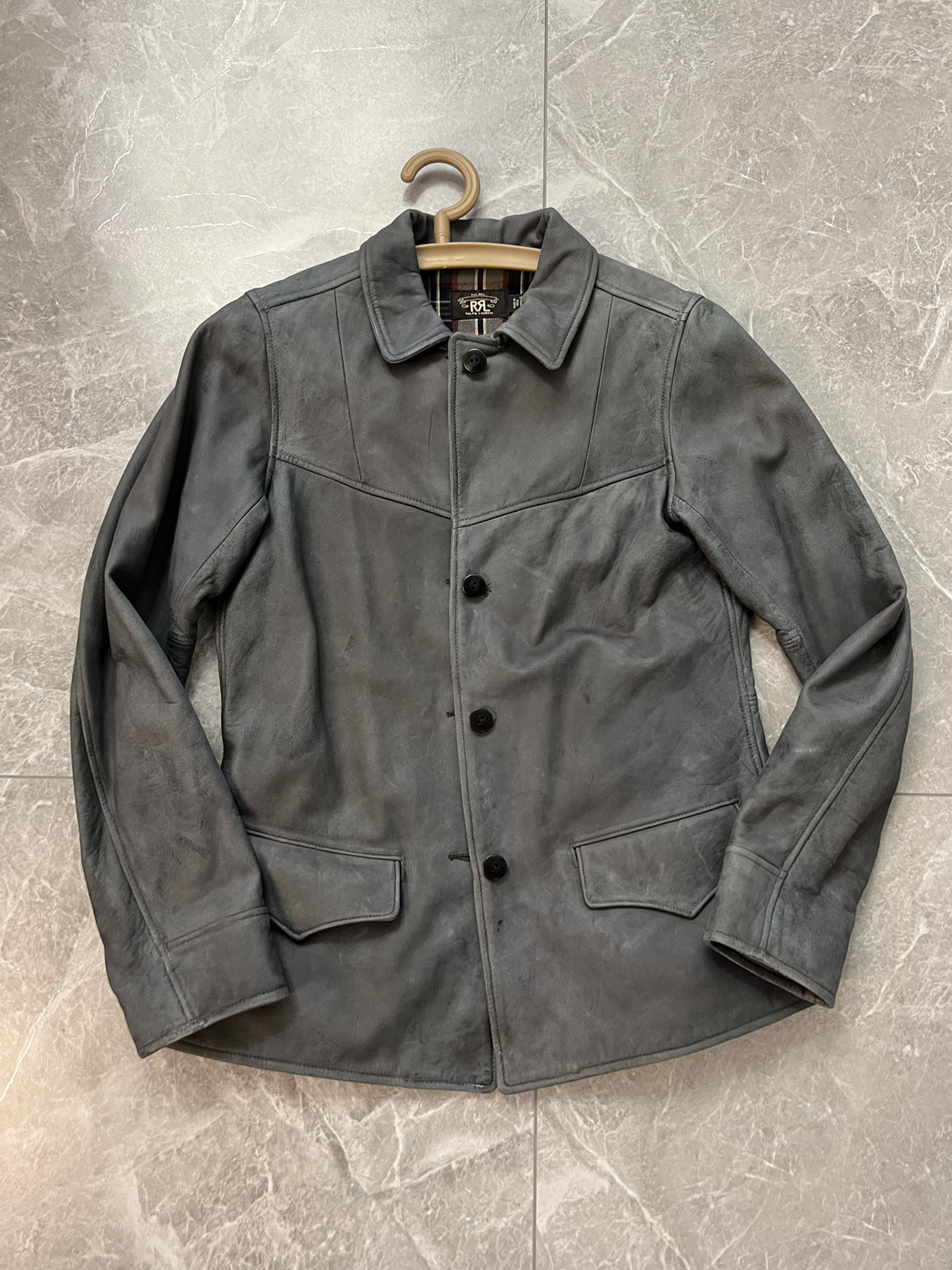 RRL Women’s Faded Indigo Leather Jacket — front