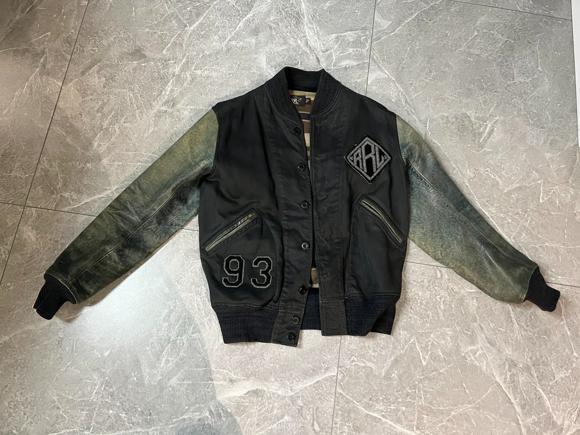 RRL Black Varsity Jacket with Green Sleeves