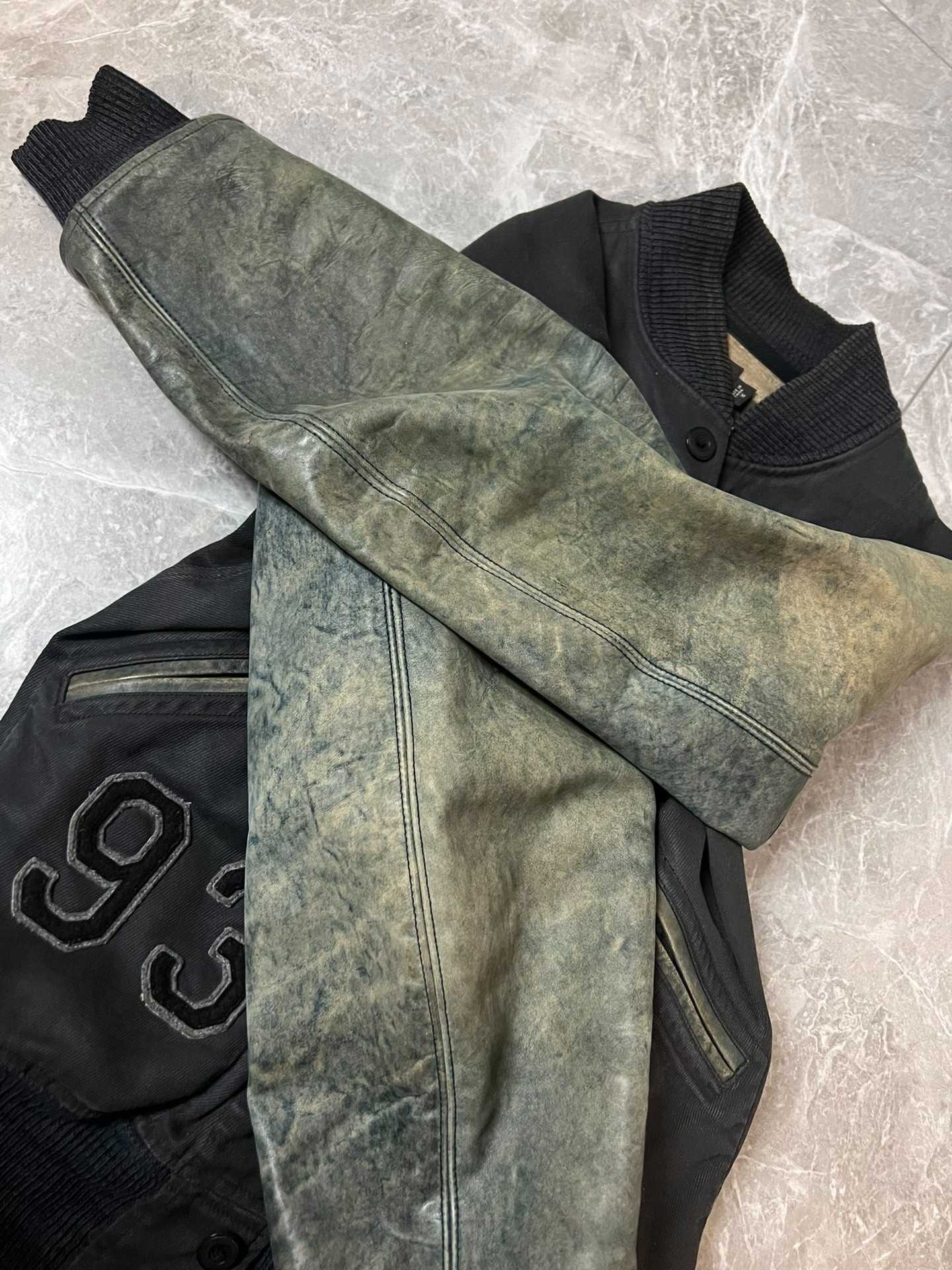 RRL Black Varsity Jacket with Green Sleeves — label