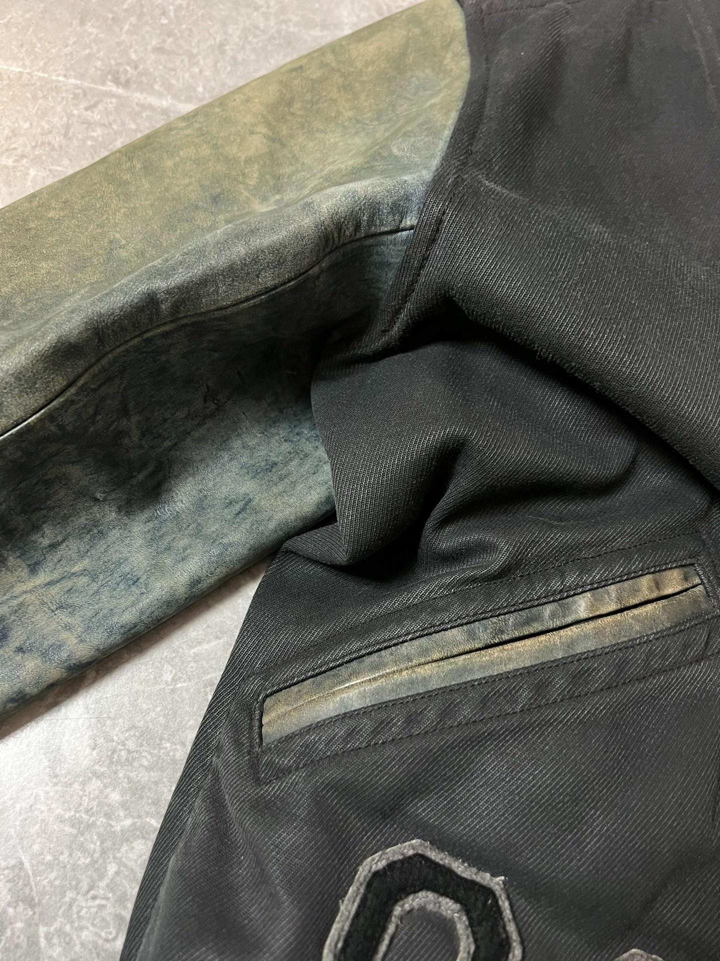RRL Black Varsity Jacket with Green Sleeves — back