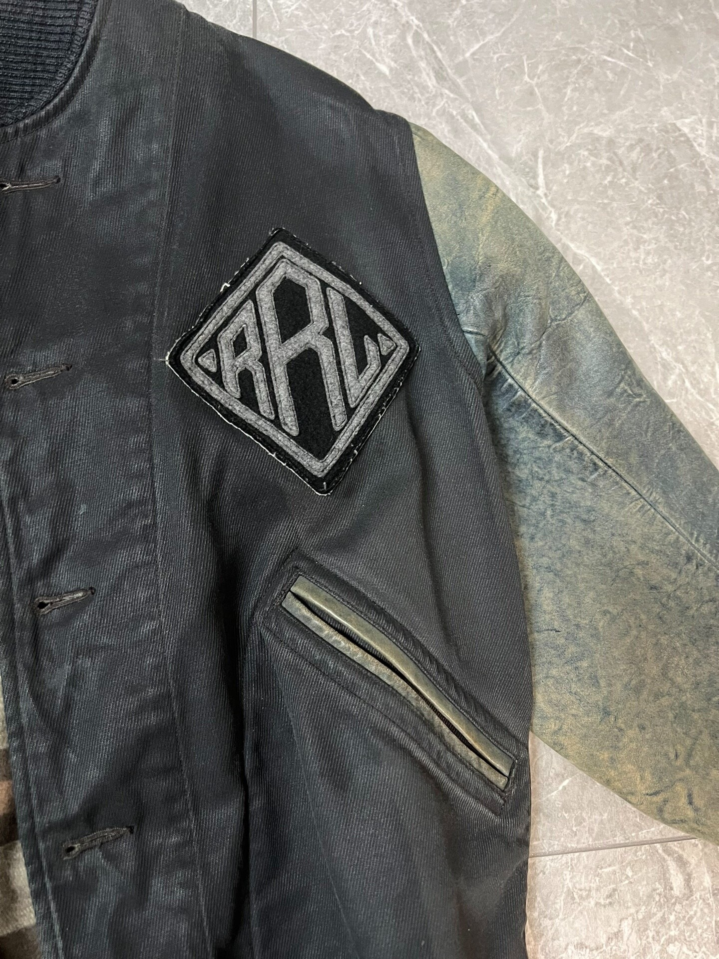 RRL Black Varsity Jacket with Green Sleeves — detail