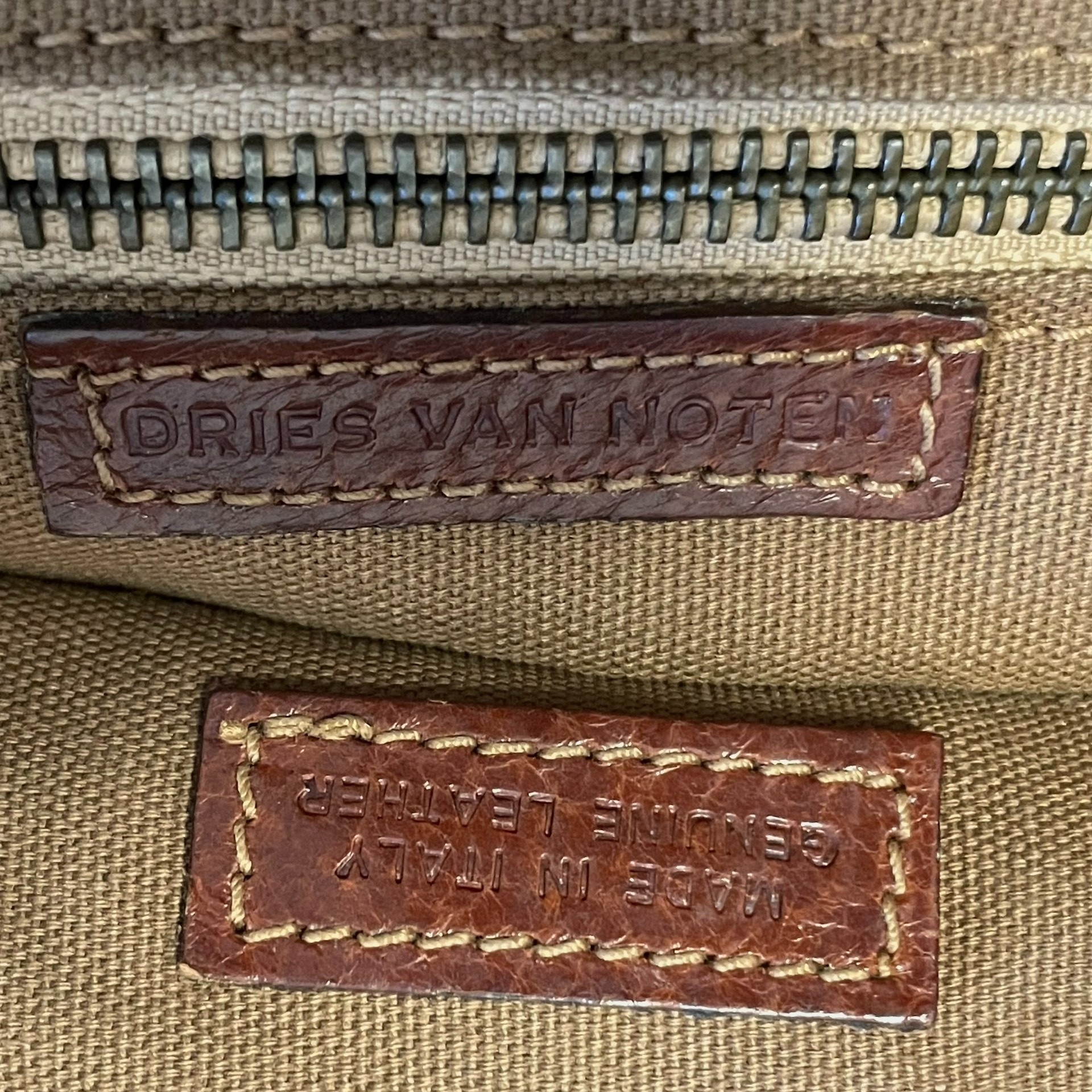 Dries Van Noten 90s Leather Canvas Handbag — label