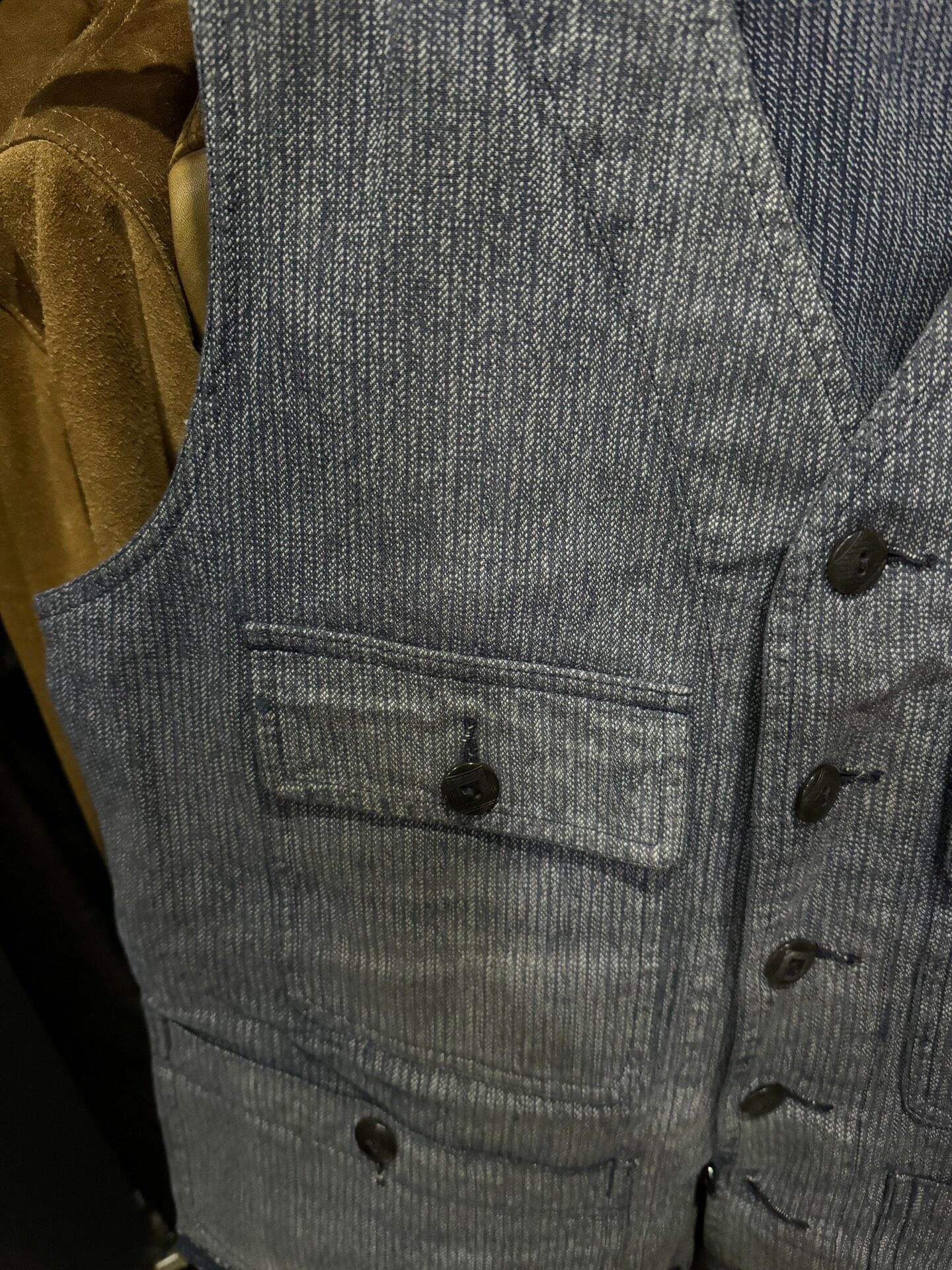 RRL Vintage Thick Blue Pinstriped Vest — detail