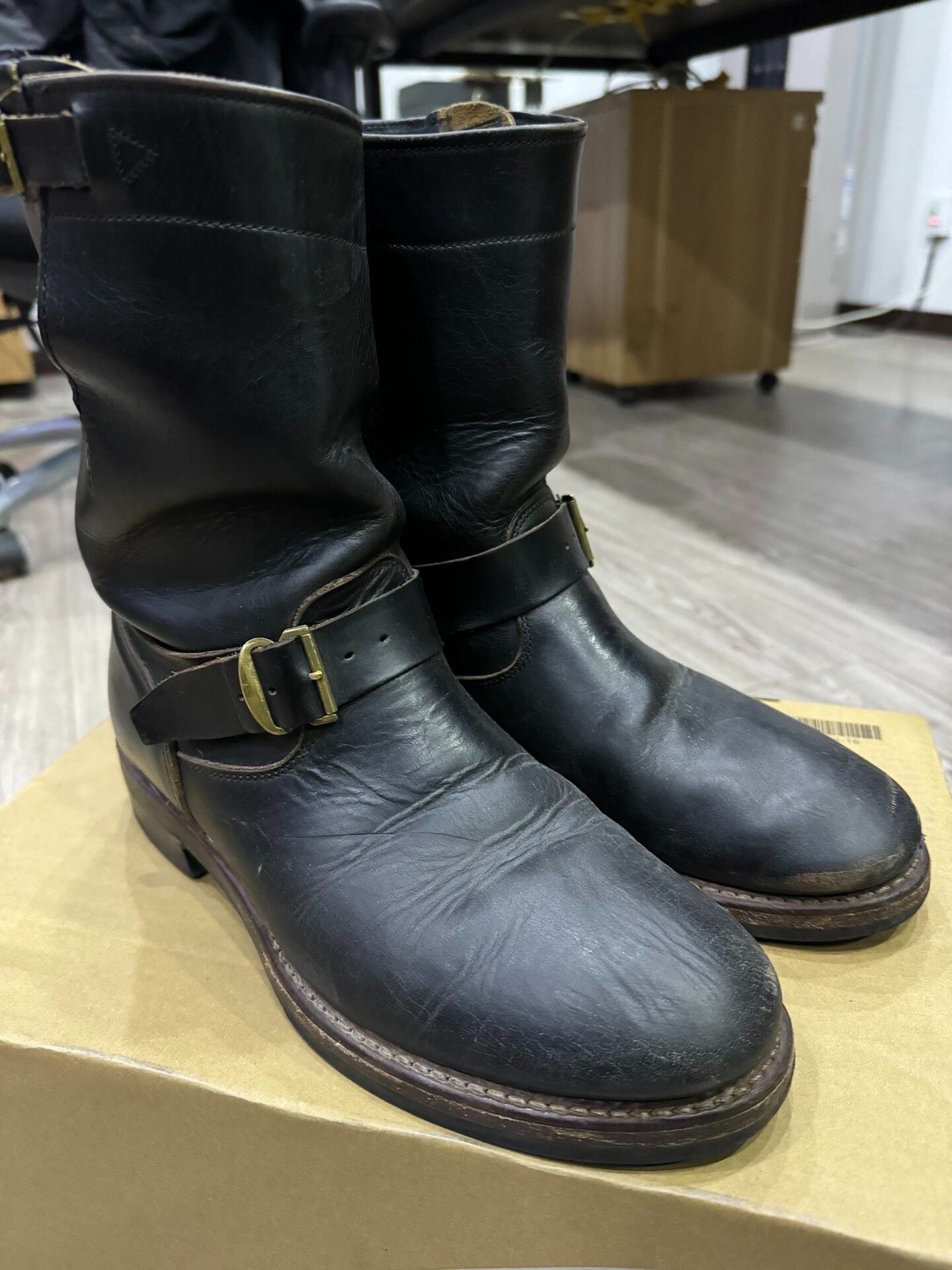 RRL Black Leather Engineer Boots — front