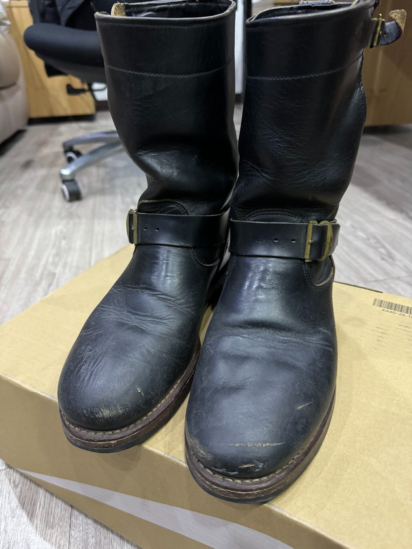 RRL Black Leather Engineer Boots