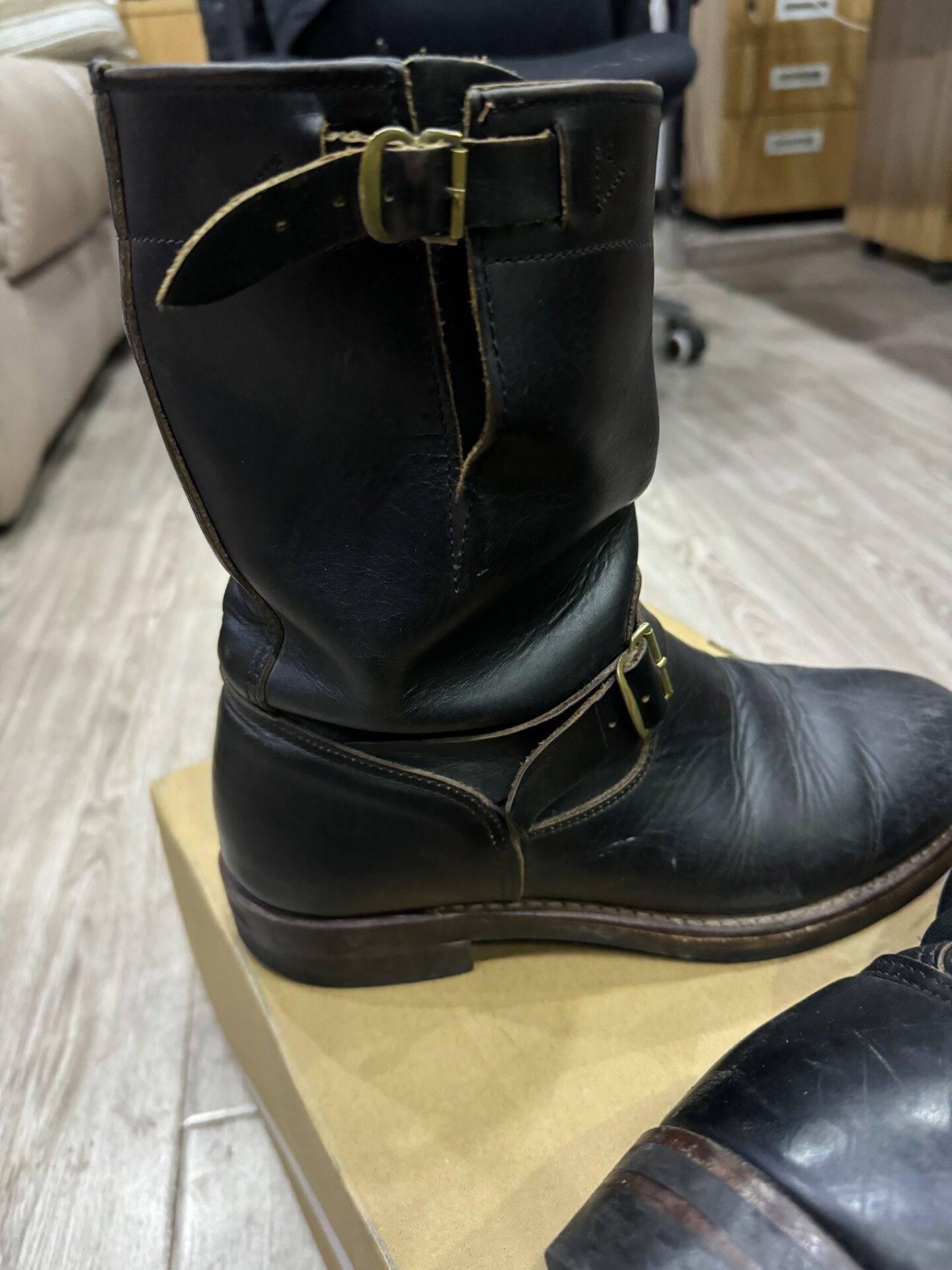 RRL Black Leather Engineer Boots — label