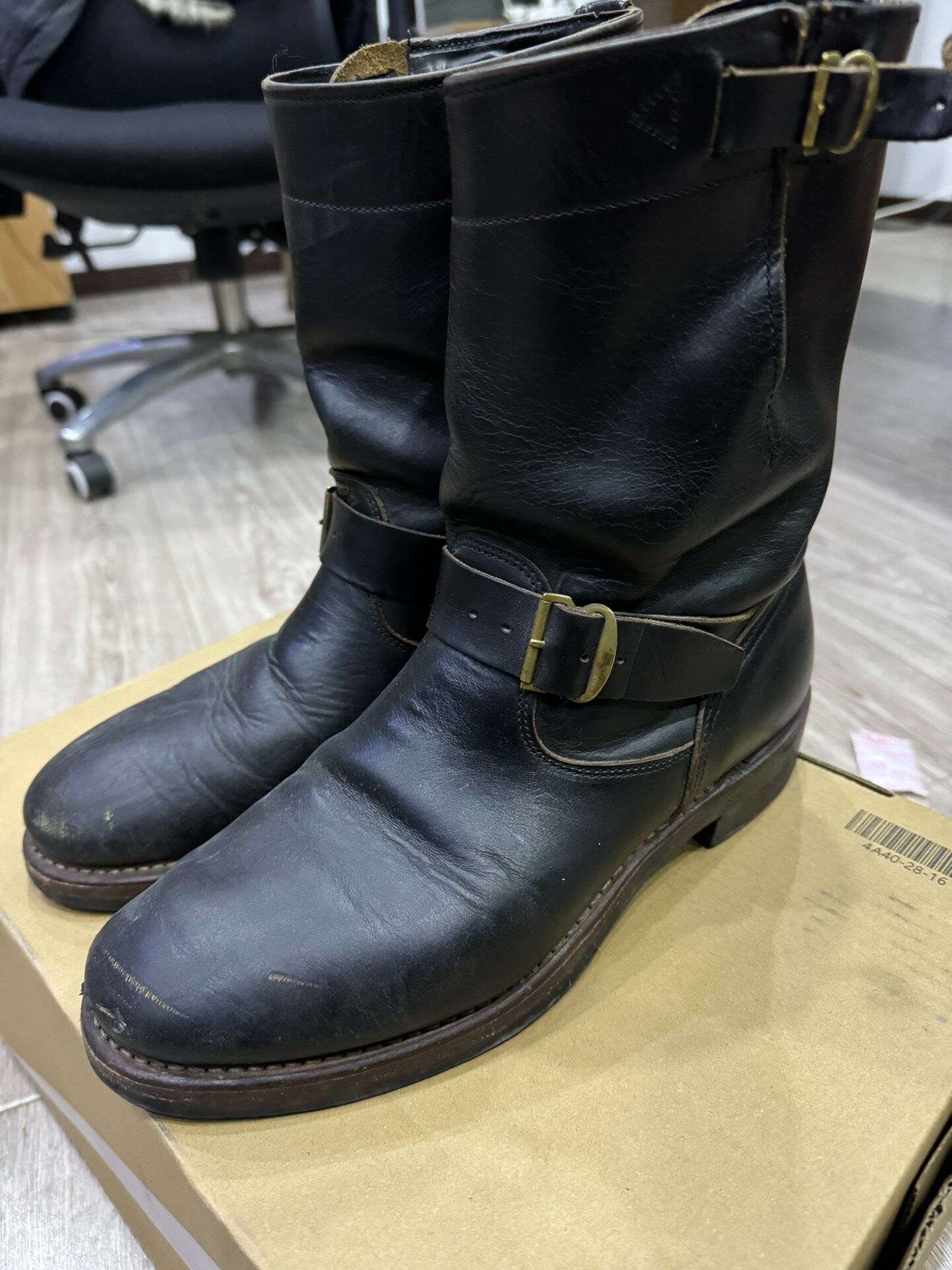 RRL Black Leather Engineer Boots — detail