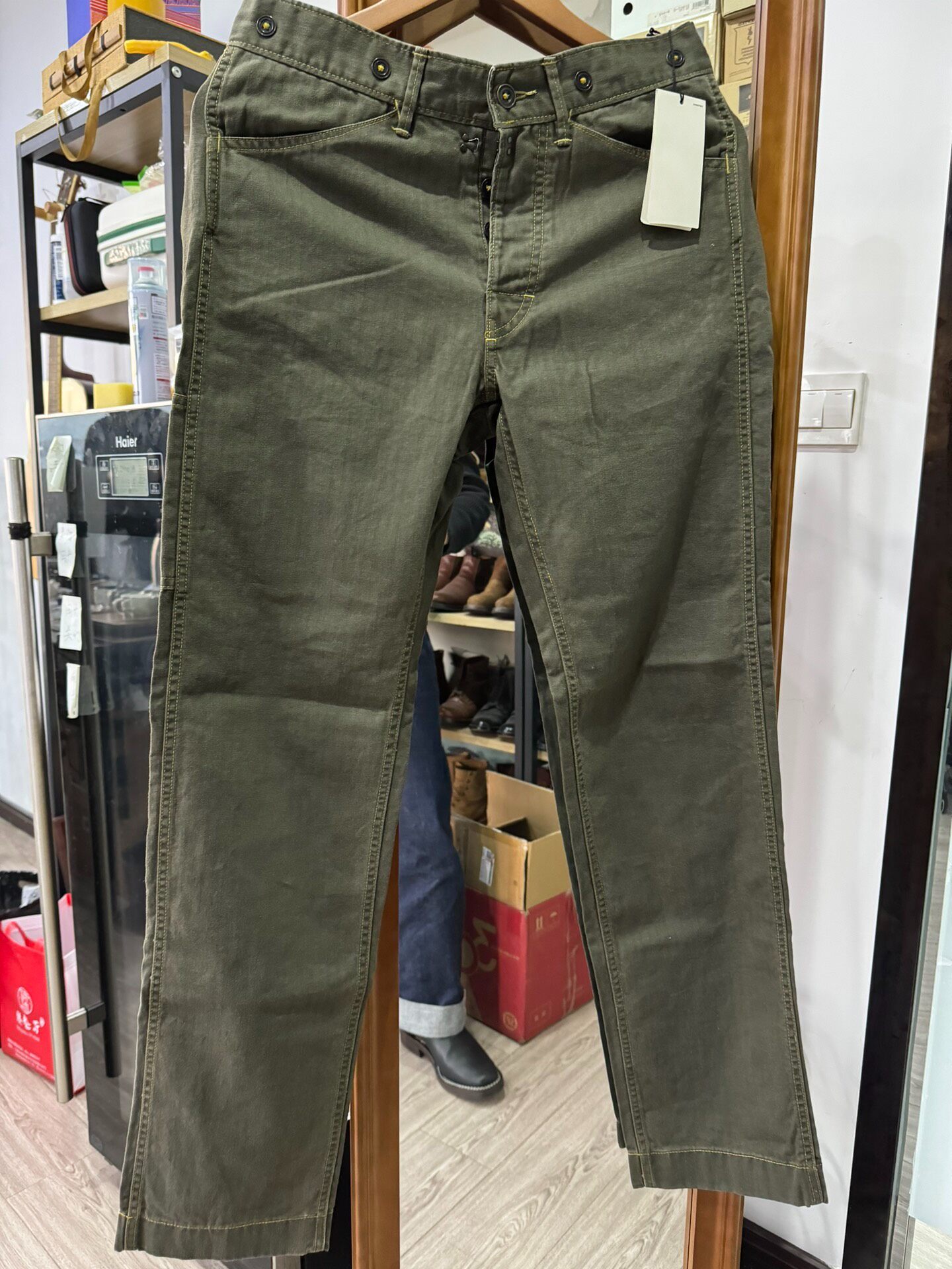 RRL Olive Green Paris Buckle Trousers