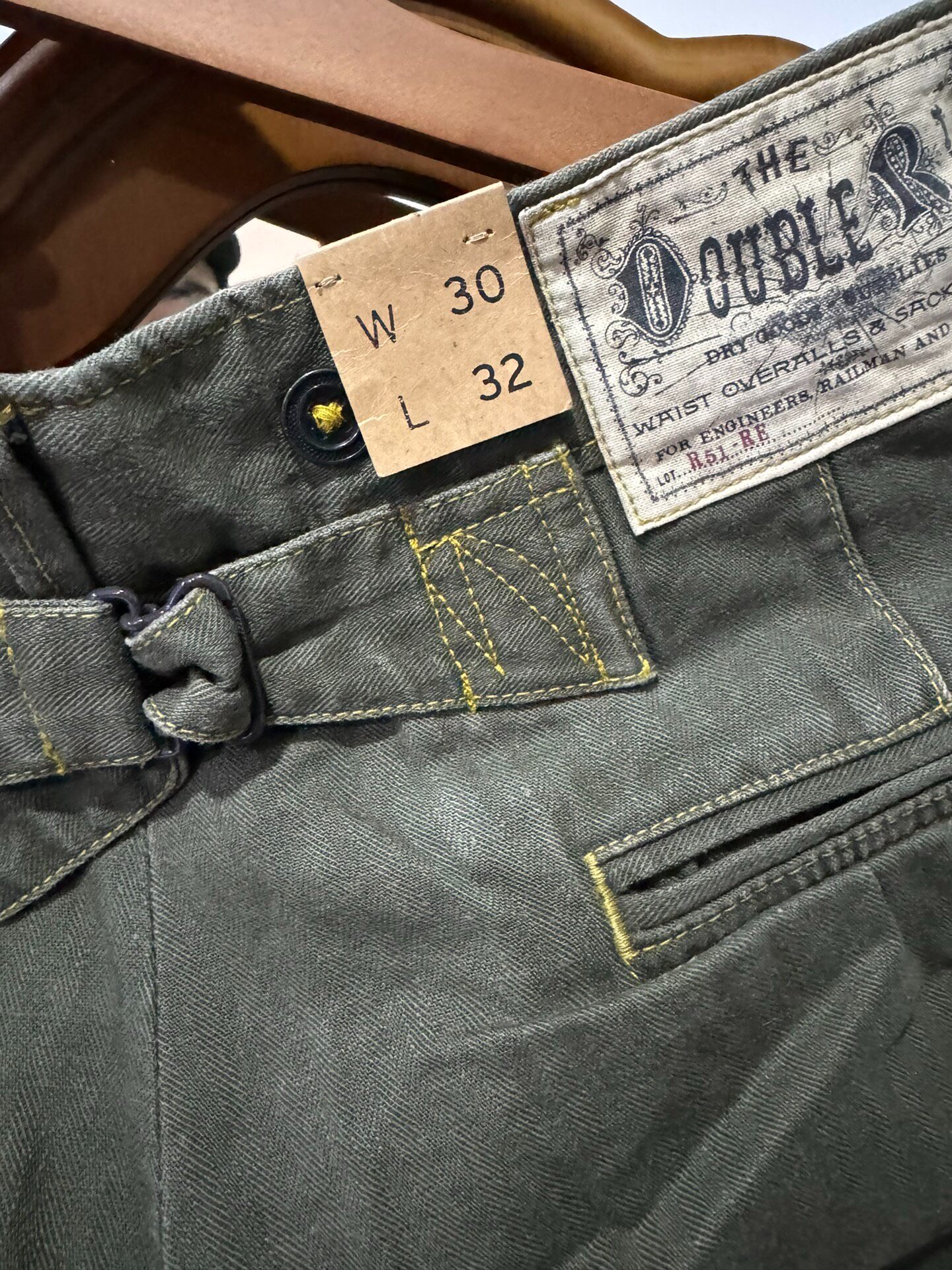 RRL Olive Green Paris Buckle Trousers — label