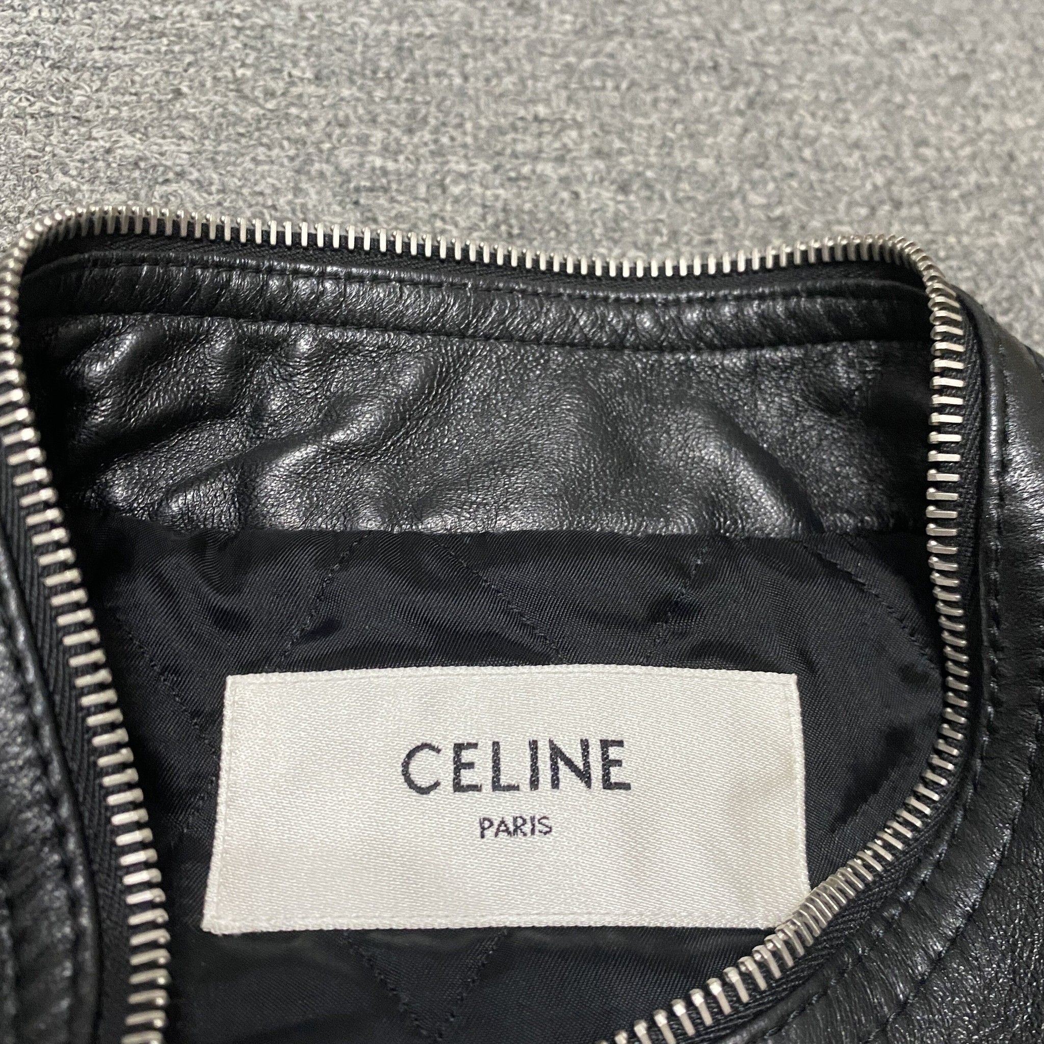 Celine Black Leather Bomber Jacket — label