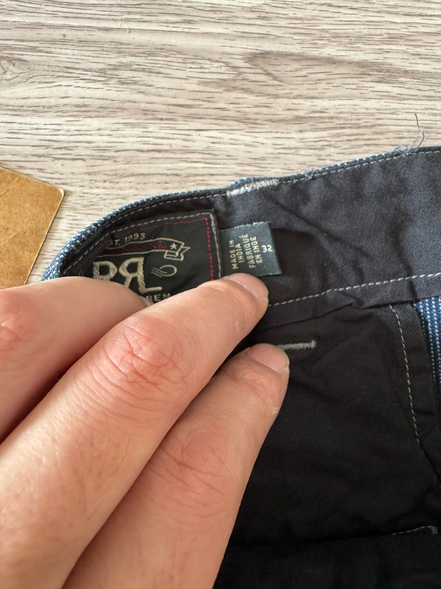 RRL Blue Wabash Slim Straight Trousers — label