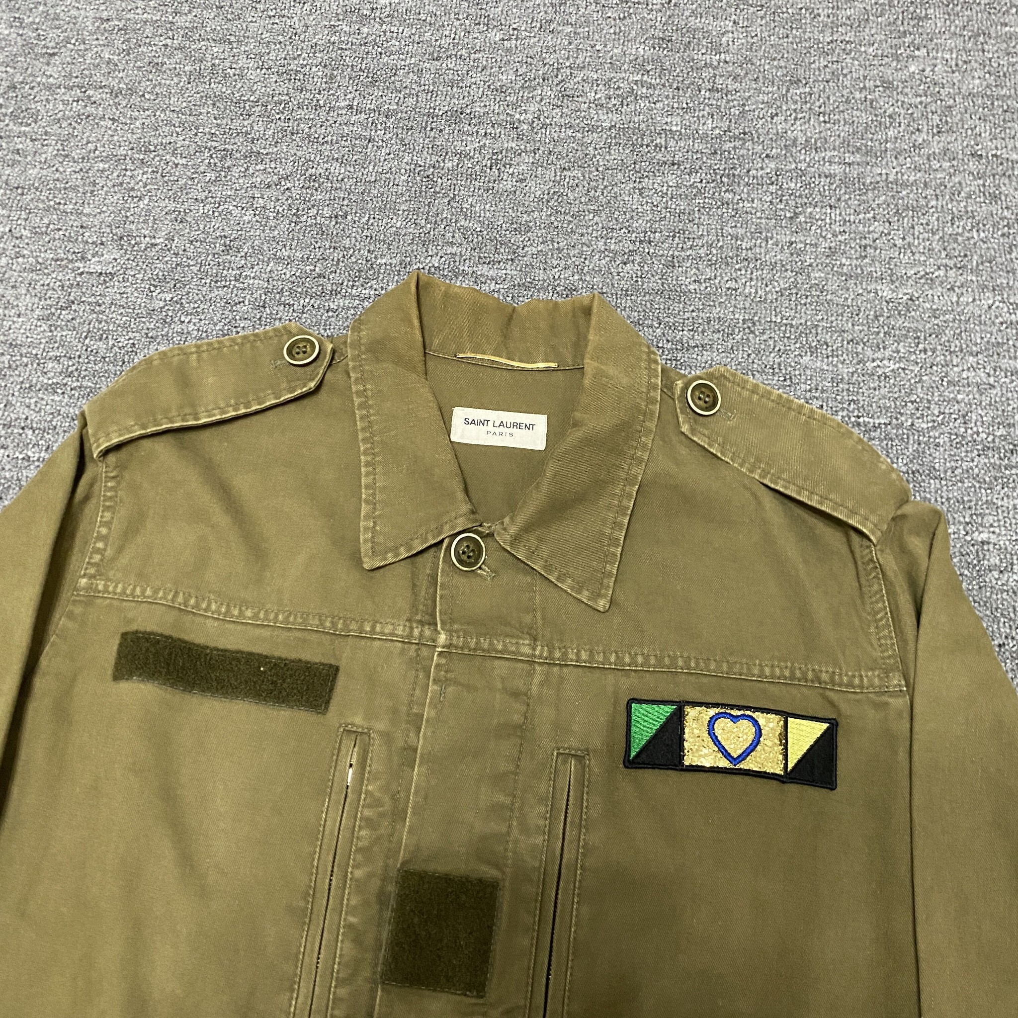 Saint Laurent Olive Green Washed Military Jacket — detail