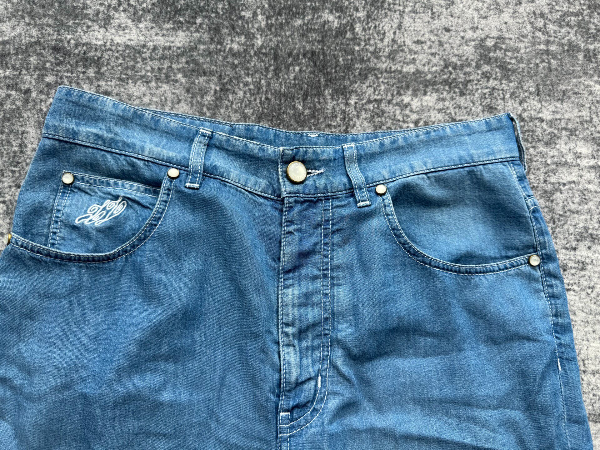 Louis Vuitton Pharrell Blue Flared Denim Jeans — detail