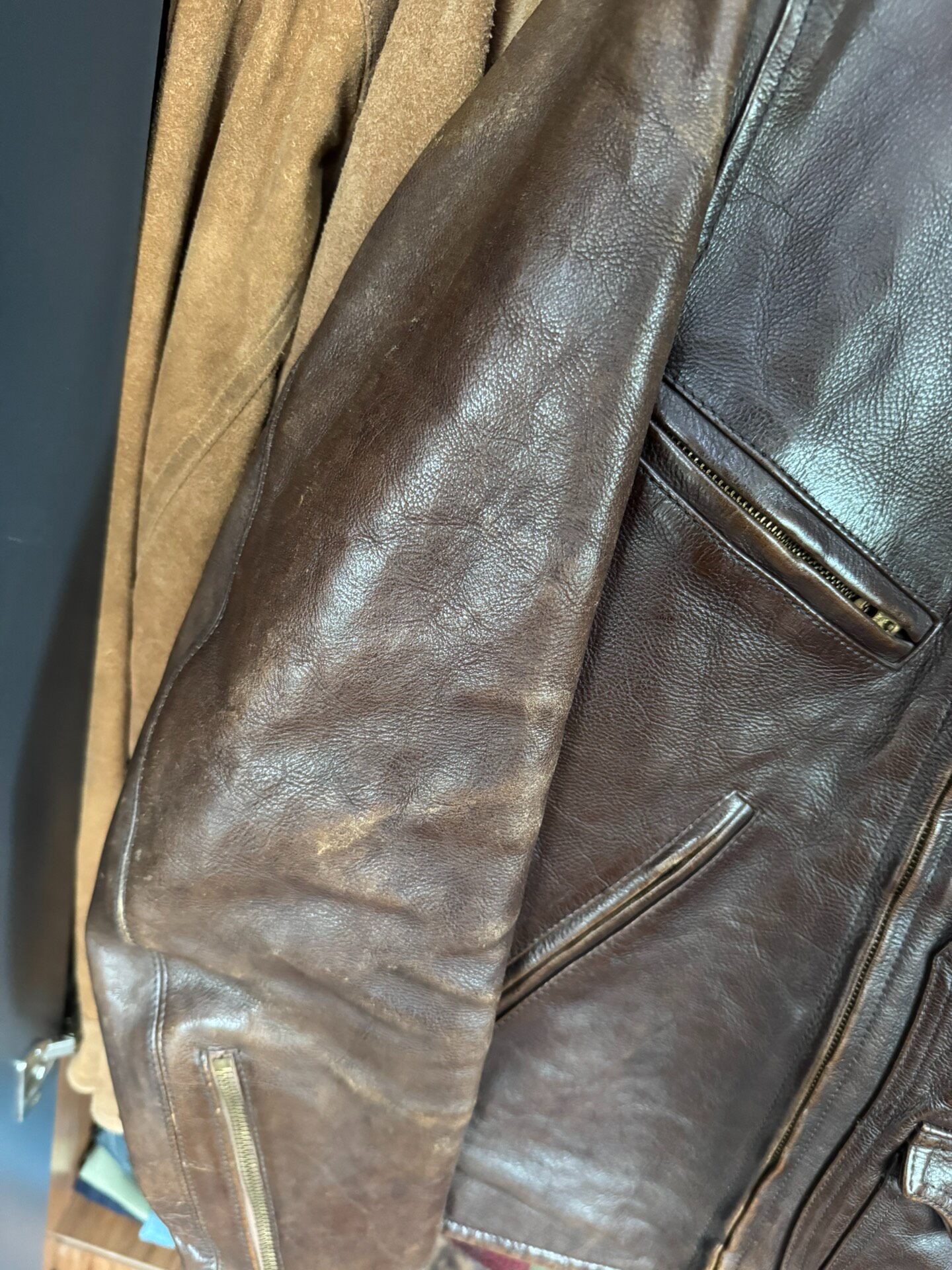 RRL Brown Leather Zip Jacket — detail