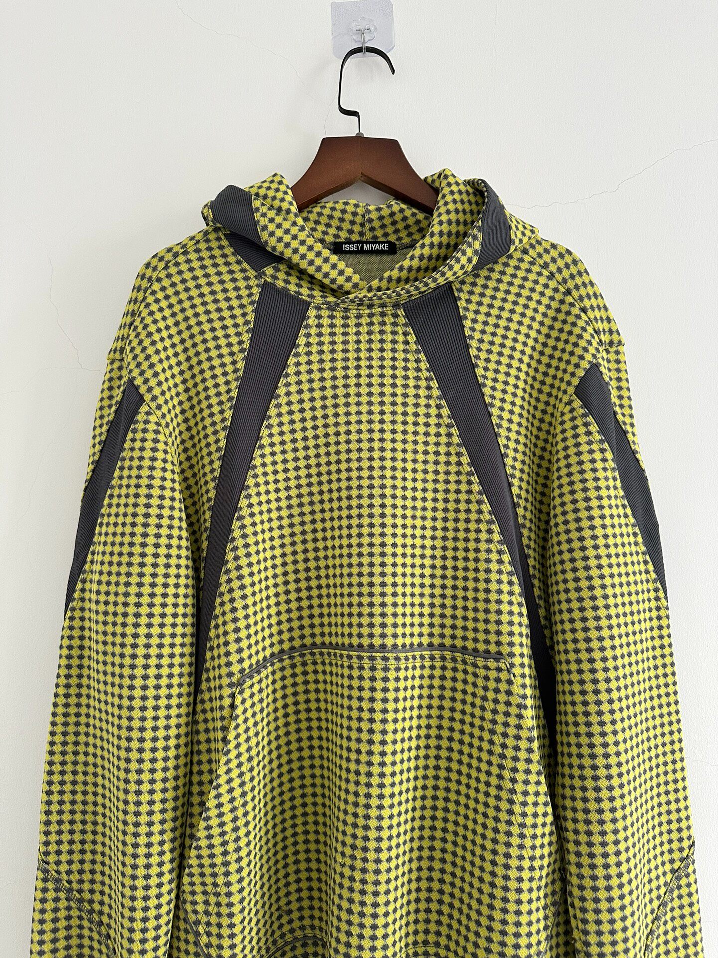 Issey Miyake Lime Green Check Hoodie — front