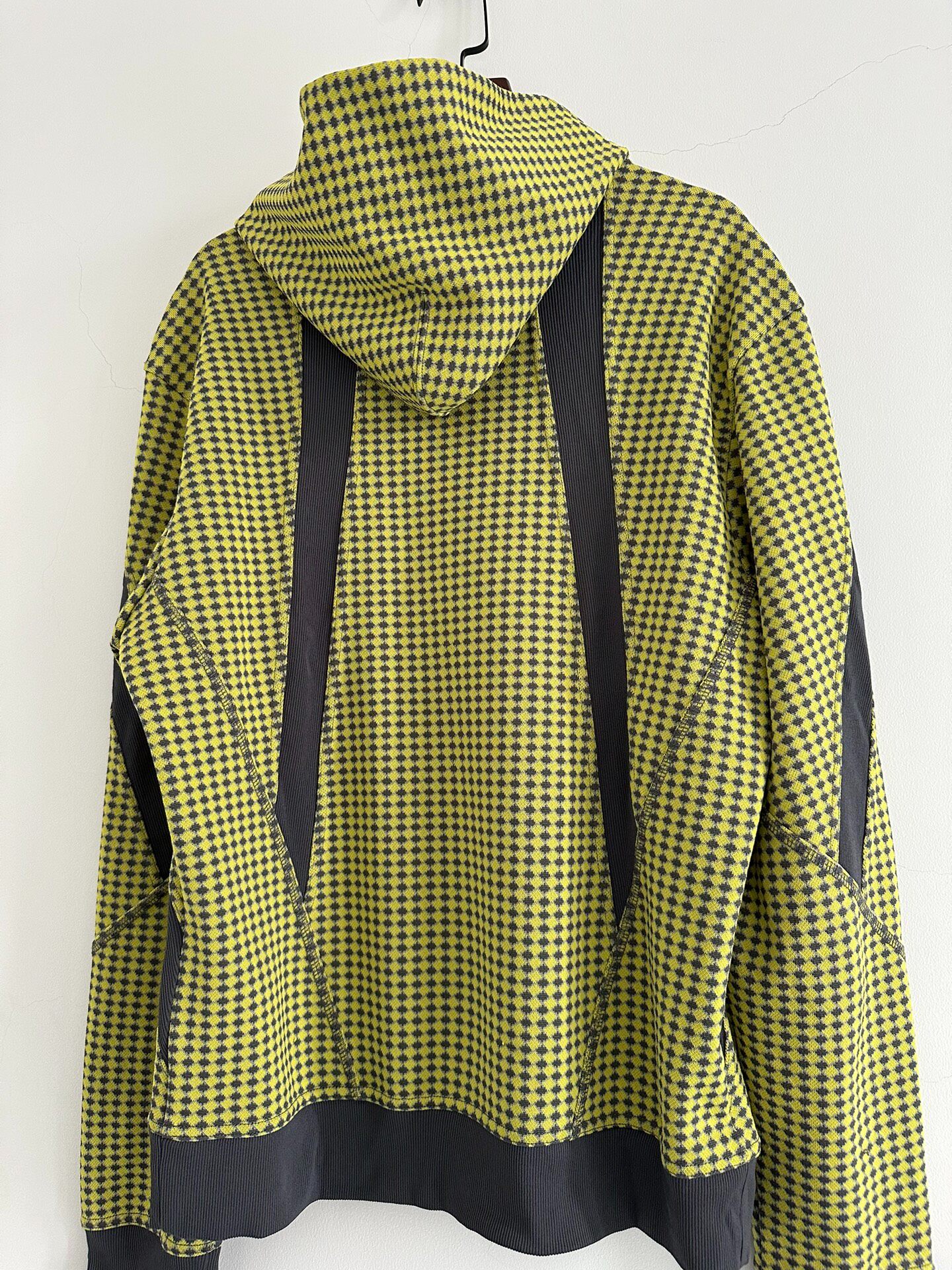 Issey Miyake Lime Green Check Hoodie — label