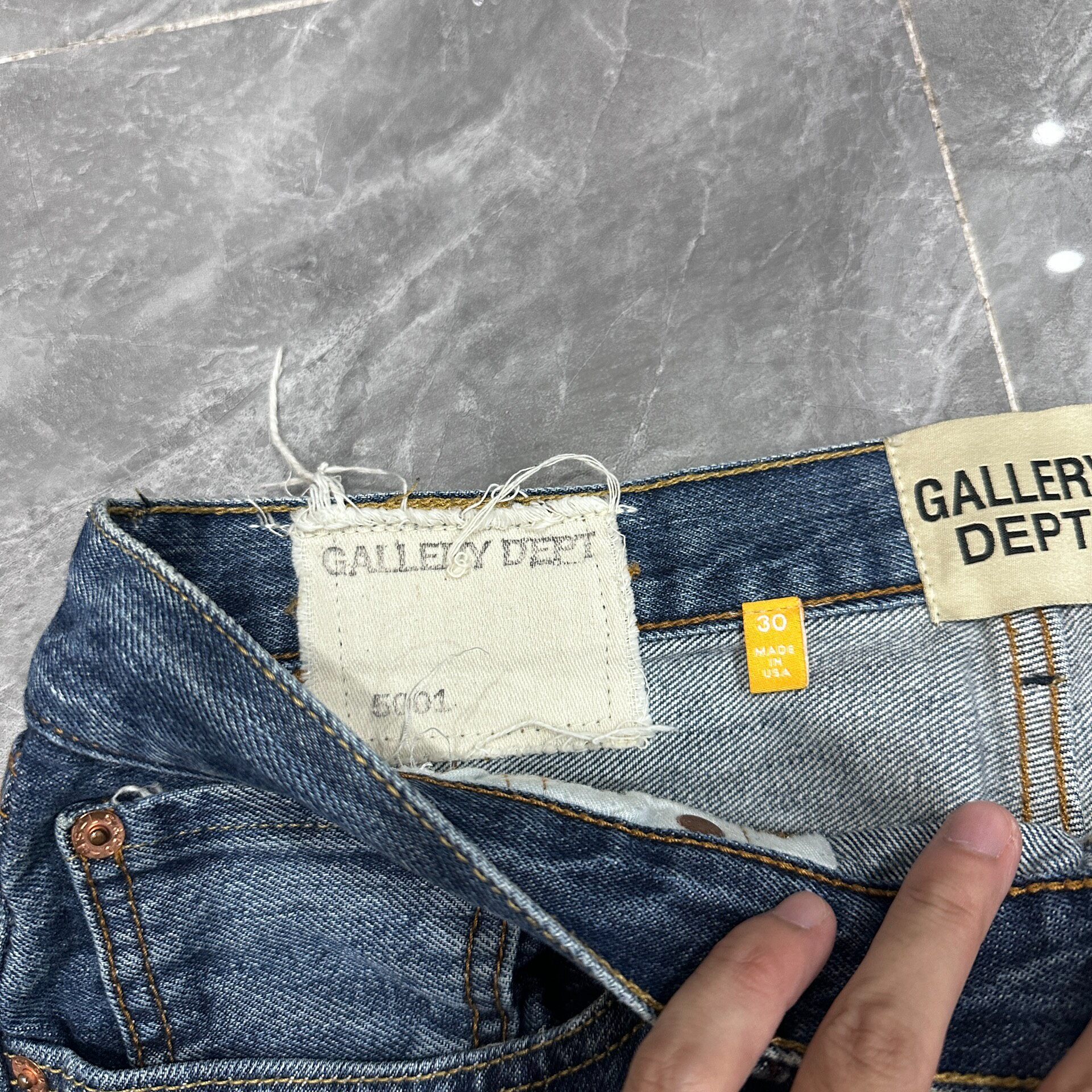 Gallery Dept Dark Blue Frayed Jeans — label