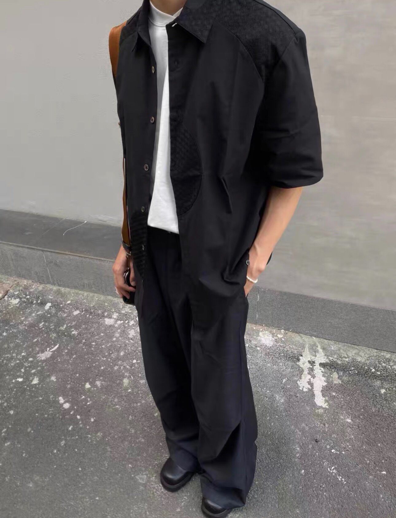 Black Textured Patch Short Sleeve Shirt