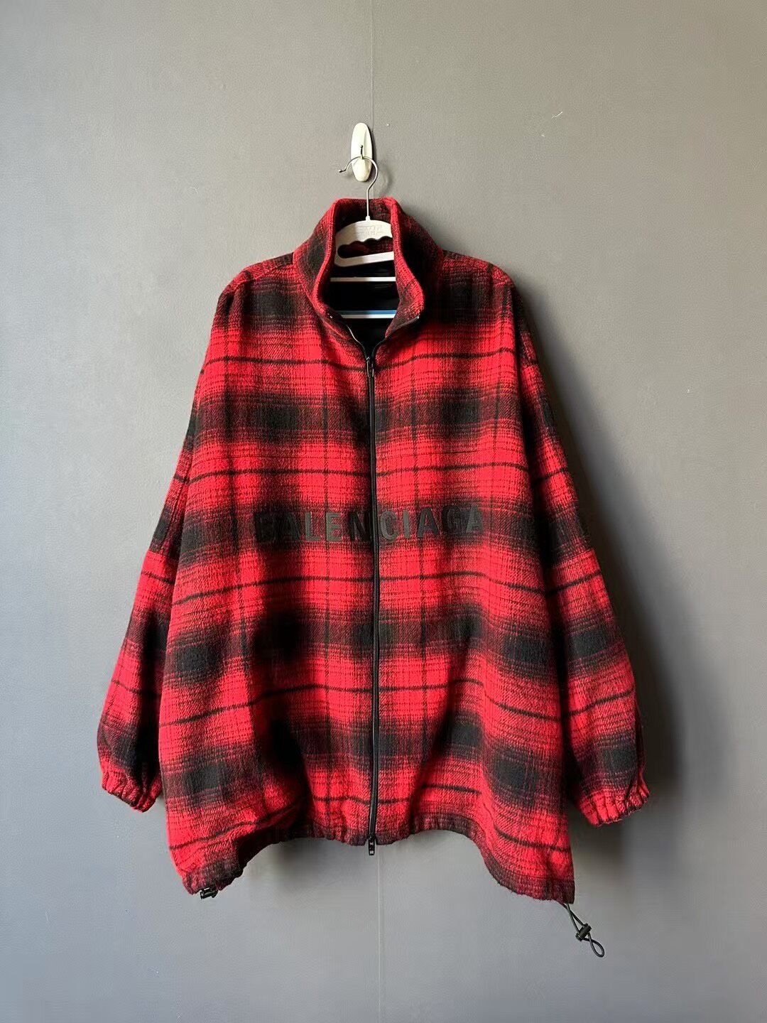 Balenciaga Black Red Plaid Wool Jacket