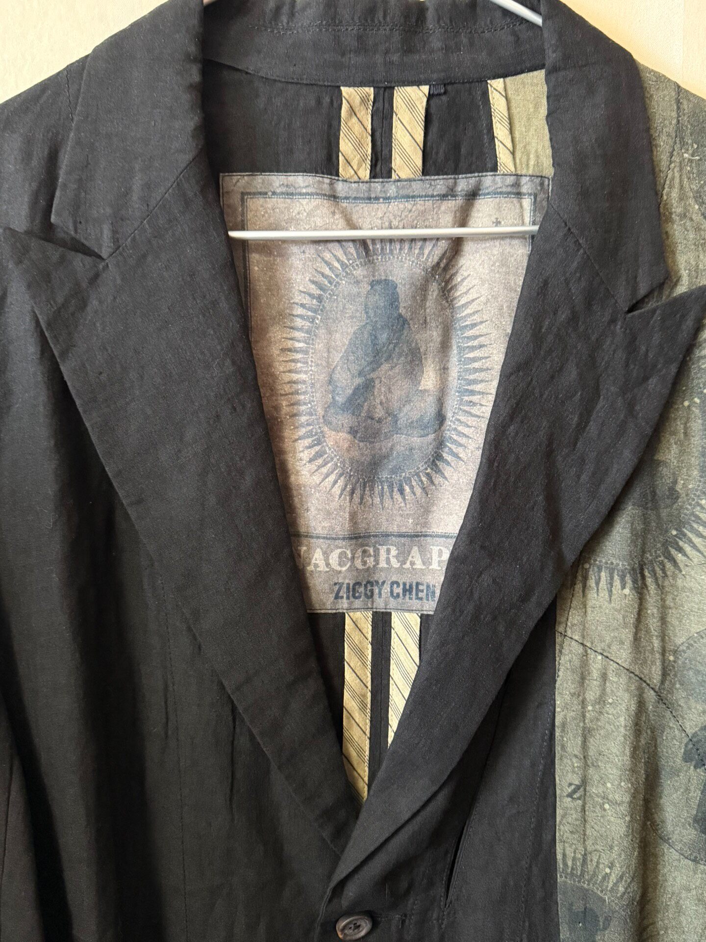 Ziggy Chen 22SS Green Linen Patchwork Jacket — detail