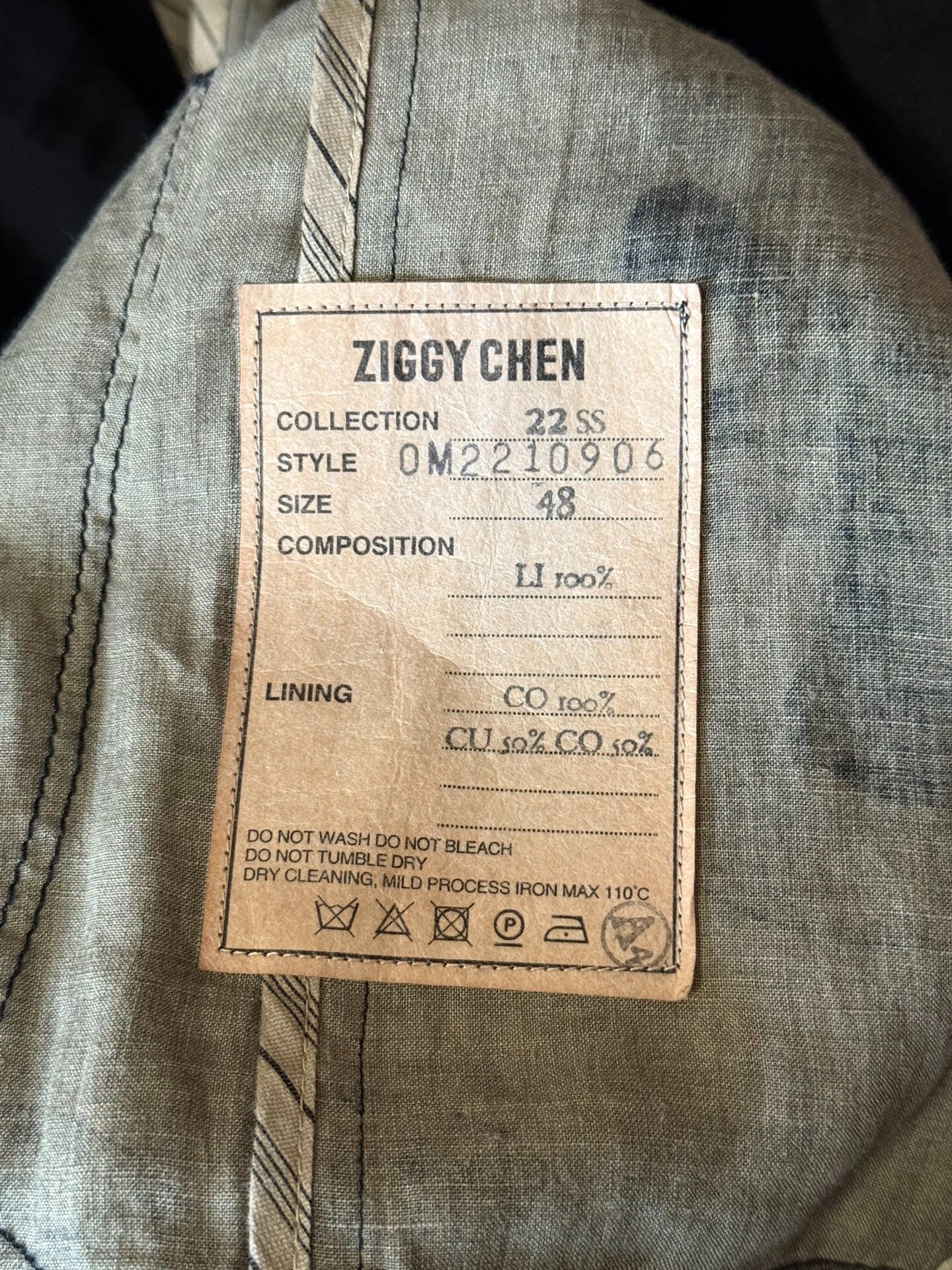 Ziggy Chen 22SS Green Linen Patchwork Jacket — label