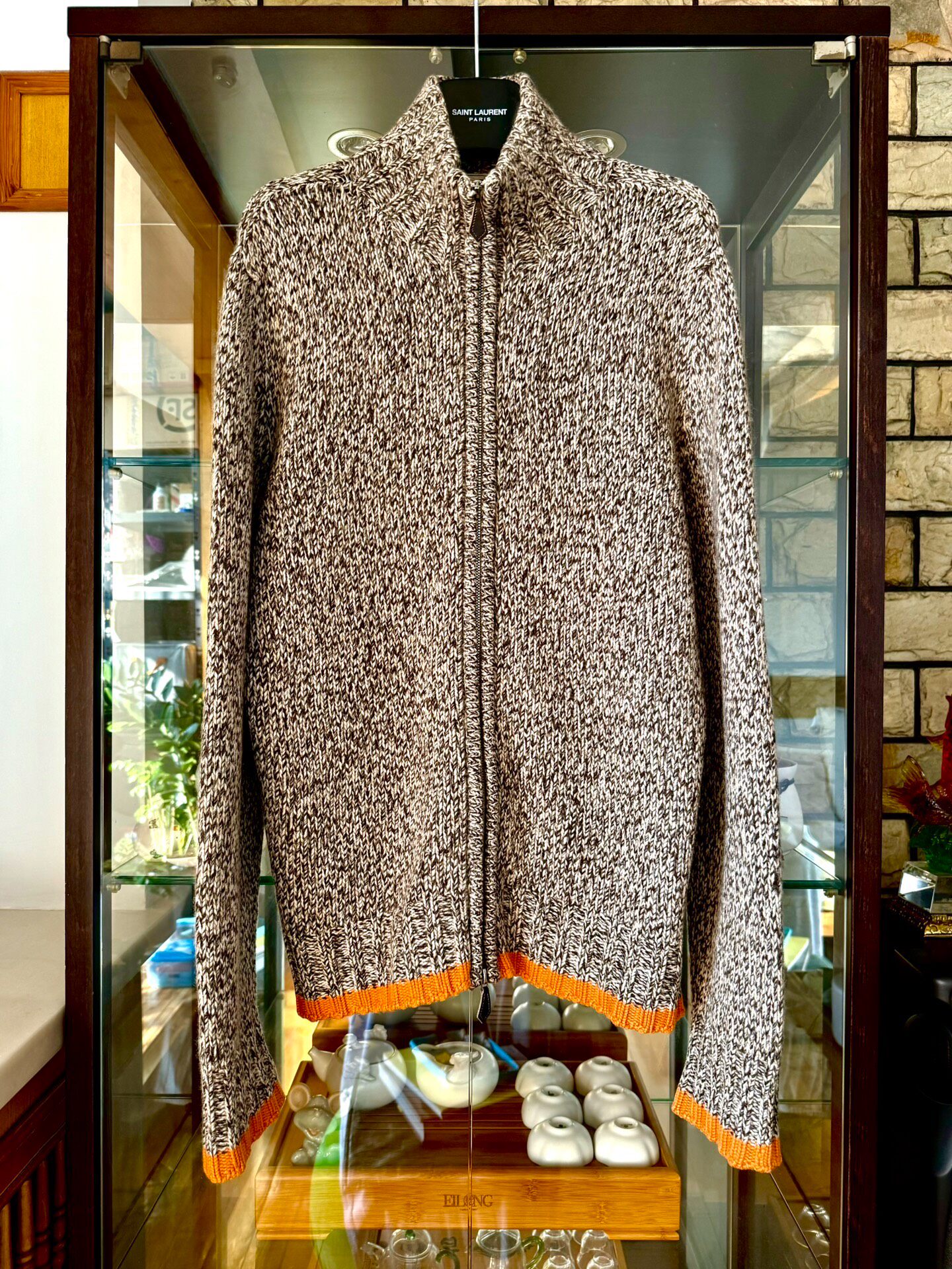 Hermes Gray Orange Cashmere Zip Sweater