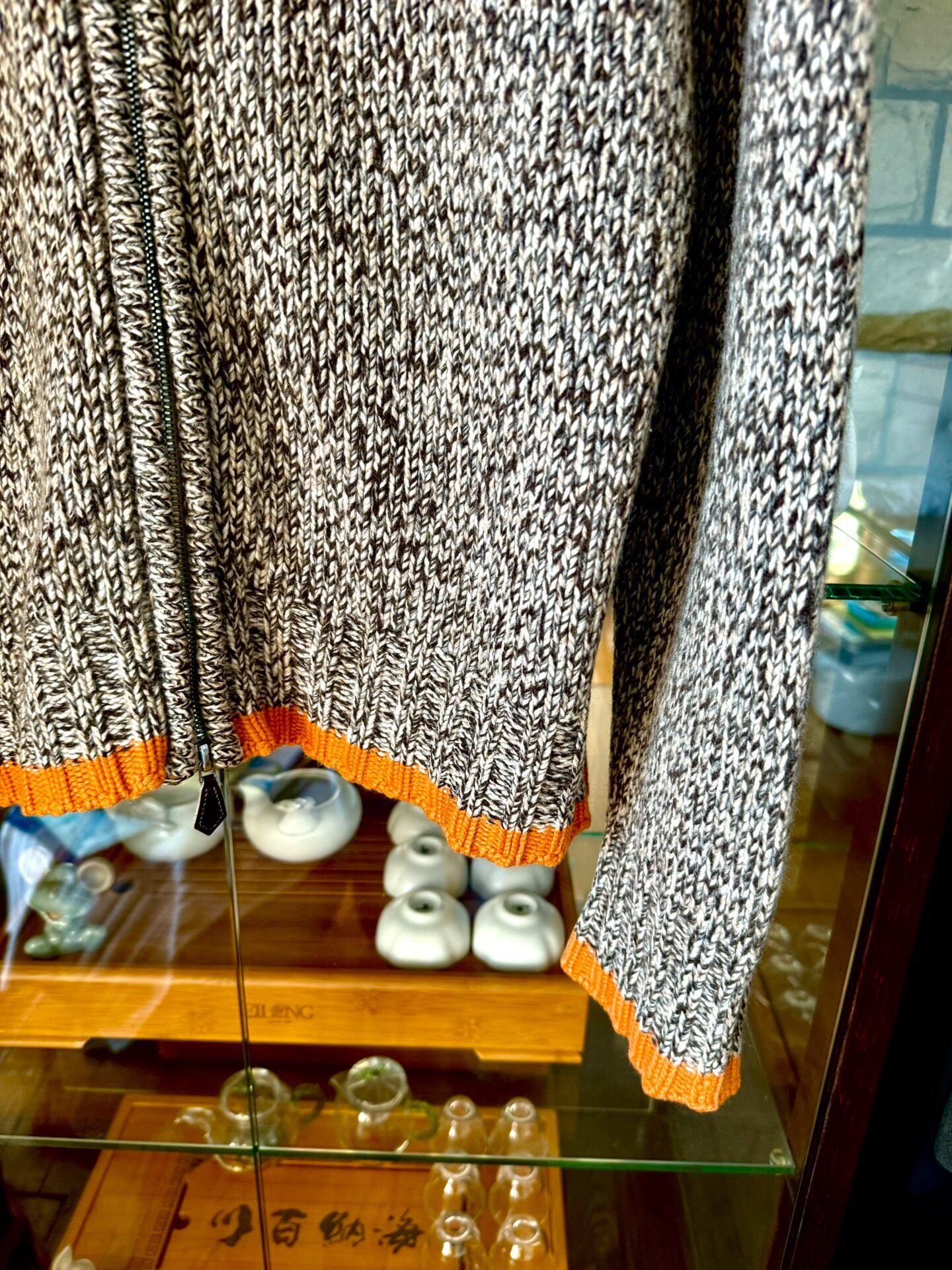 Hermes Gray Orange Cashmere Zip Sweater — label