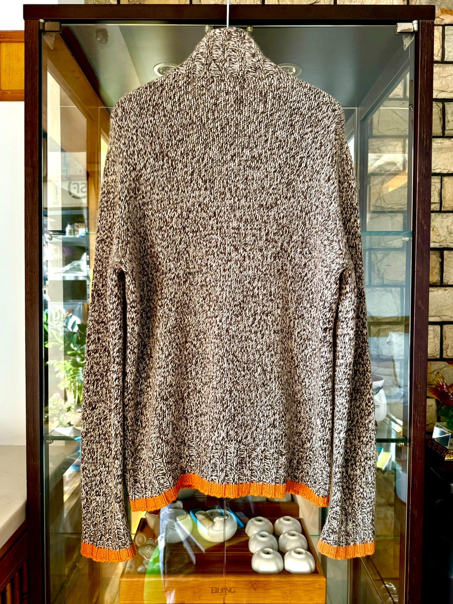 Hermes Gray Orange Cashmere Zip Sweater — back