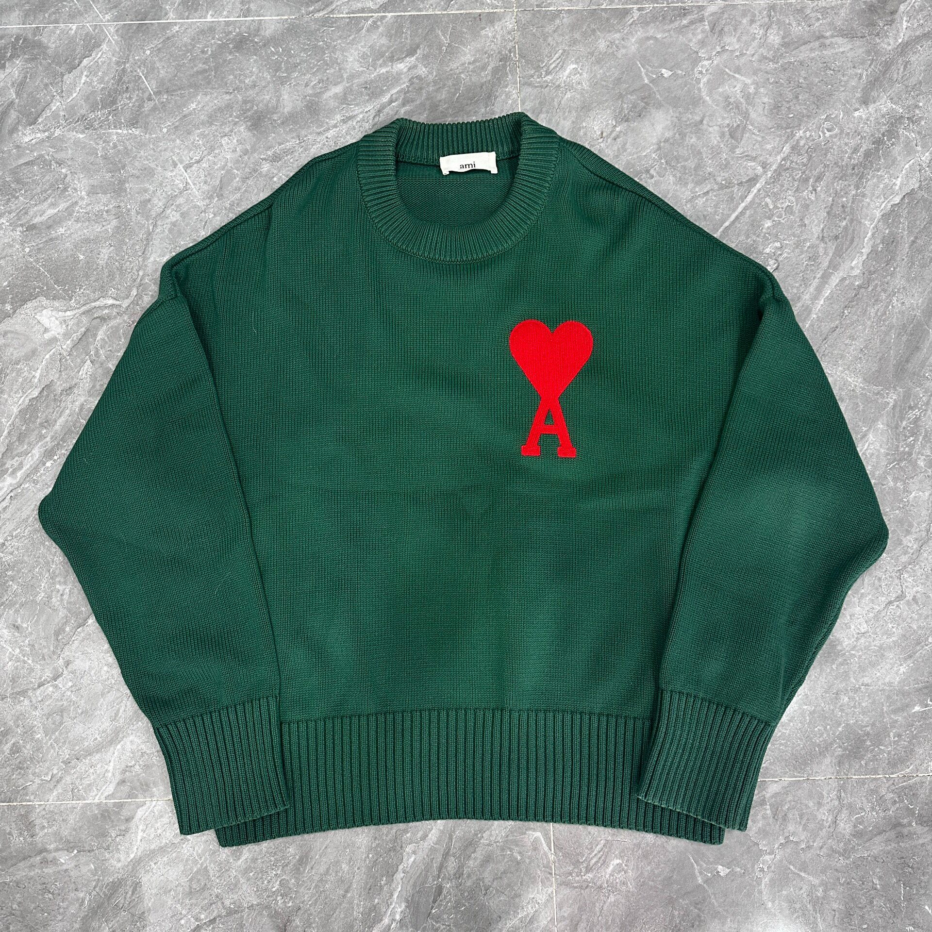 AMI Dark Green Red Heart Knit Sweater