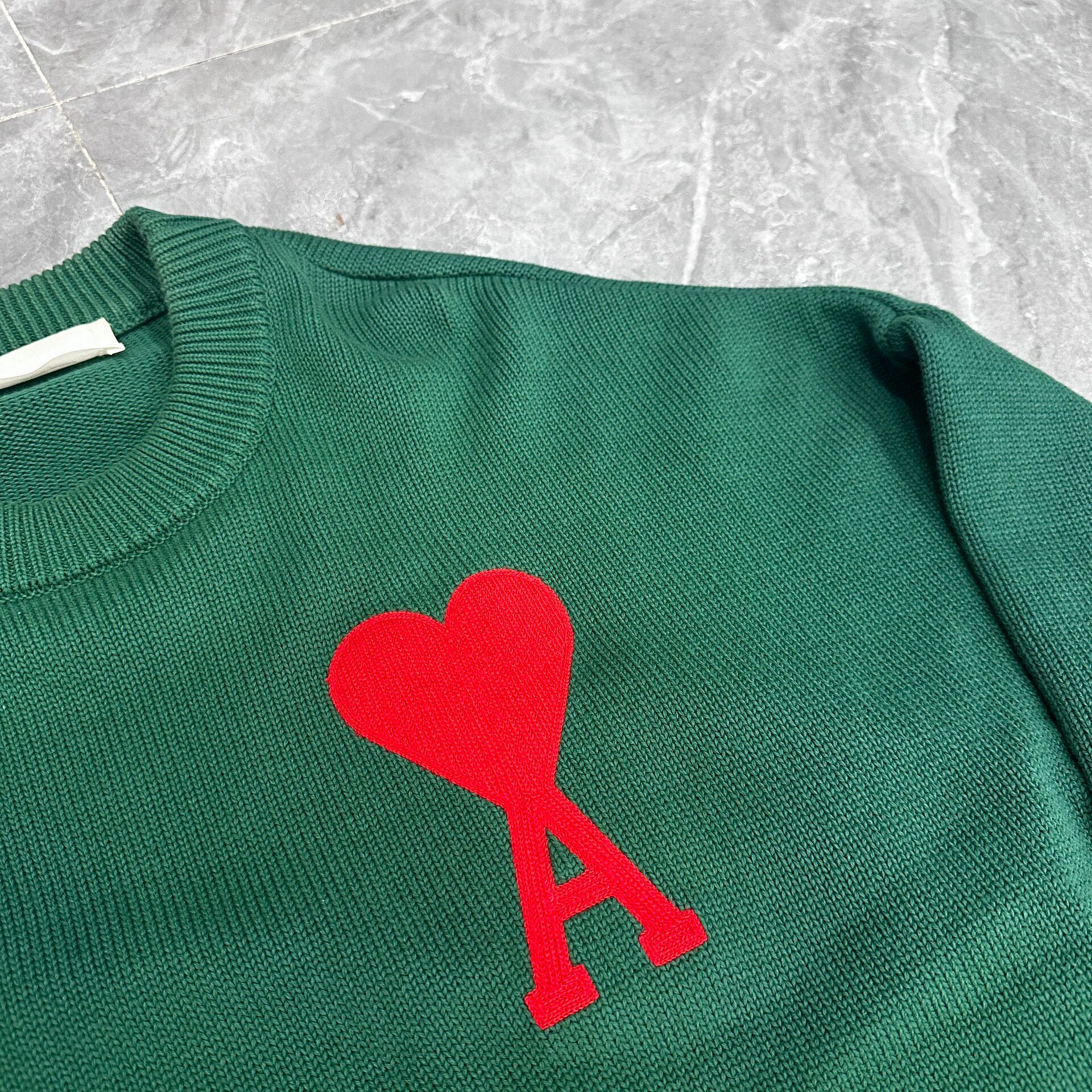 AMI Dark Green Red Heart Knit Sweater — front